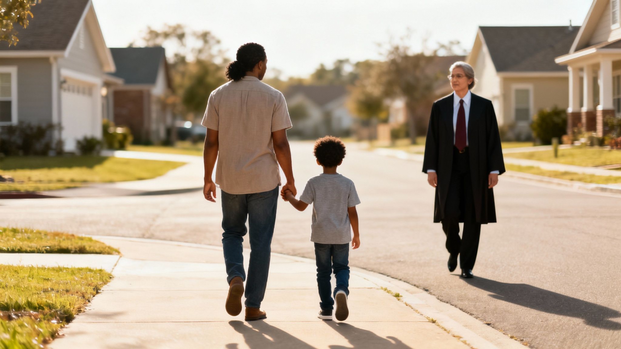 Father and son walking hand in hand on a suburban street, with a judge in formal attire approaching them, symbolizing family support and legal guidance in parental rights matters.