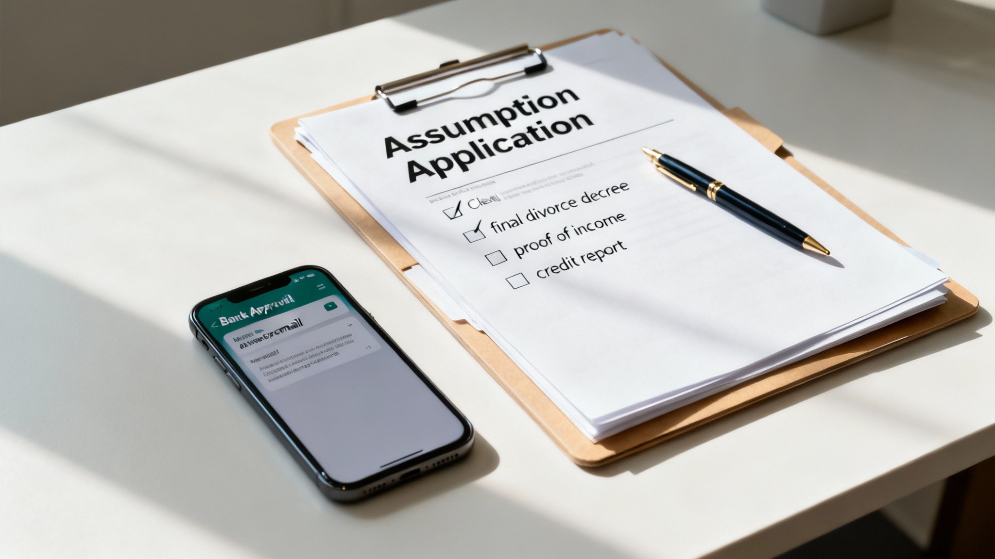 Mortgage assumption application checklist with divorce decree and bank approval notification on smartphone