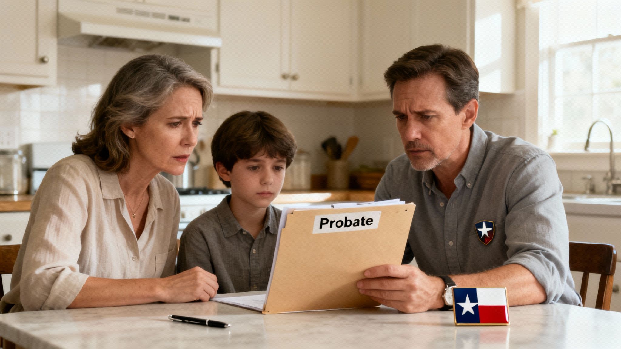 A family sitting on a couch, looking at estate planning documents with a lawyer.