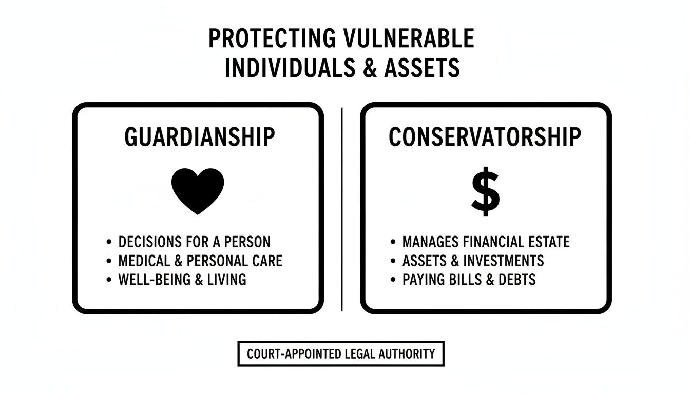 Diagram explaining the difference between guardianship, focusing on personal care, and conservatorship, for financial management.