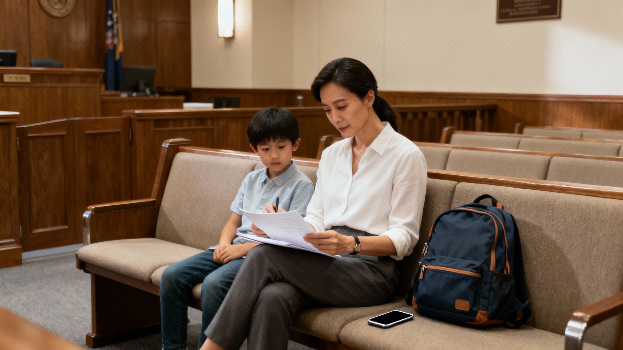 A composed parent speaking calmly in a courtroom setting, showing the importance of presence in a custody battle.