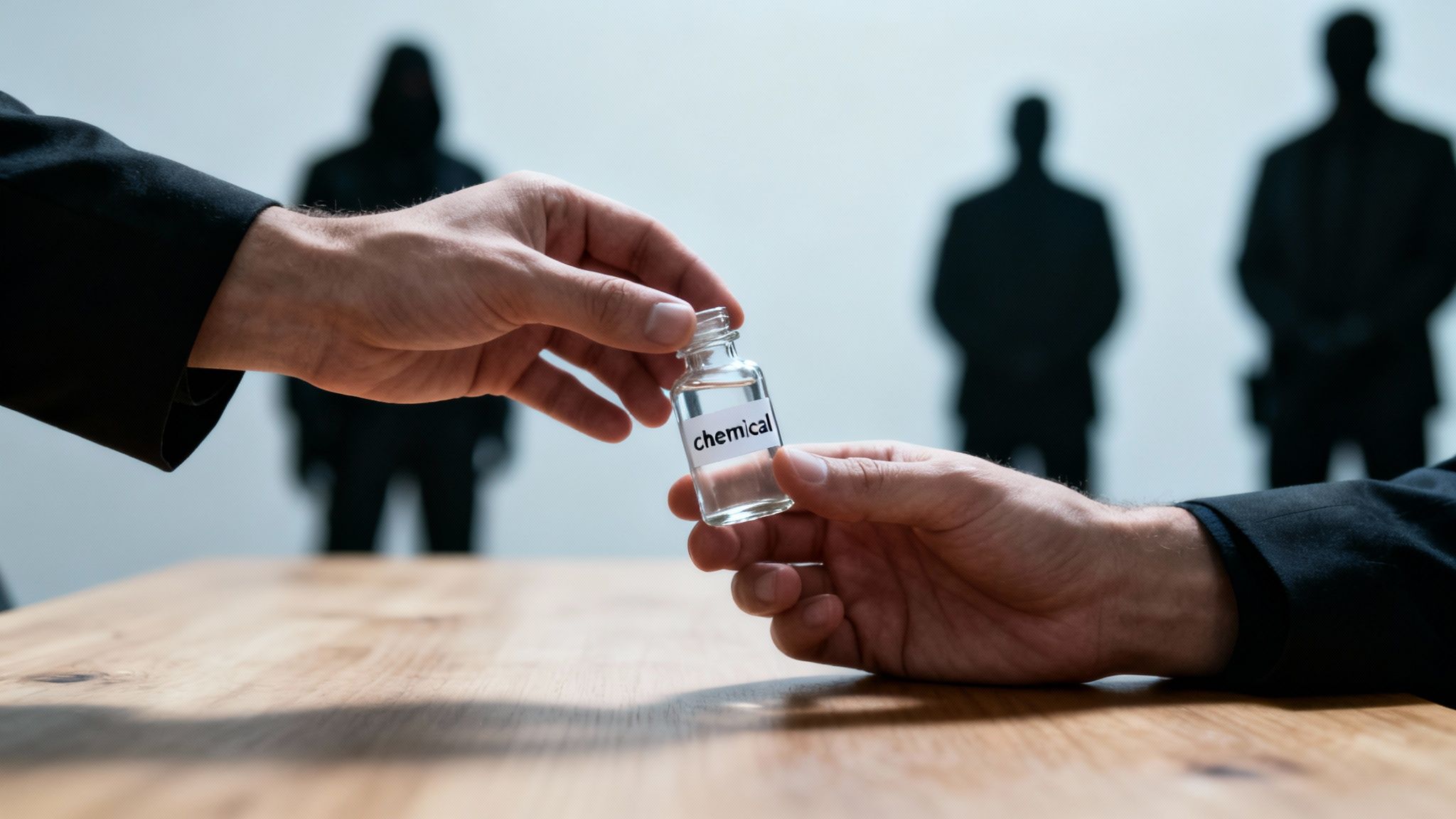 Hands exchanging a vial labeled "chemical," with shadowy figures in the background, illustrating government involvement in drug manufacturing and the concept of entrapment in criminal law.