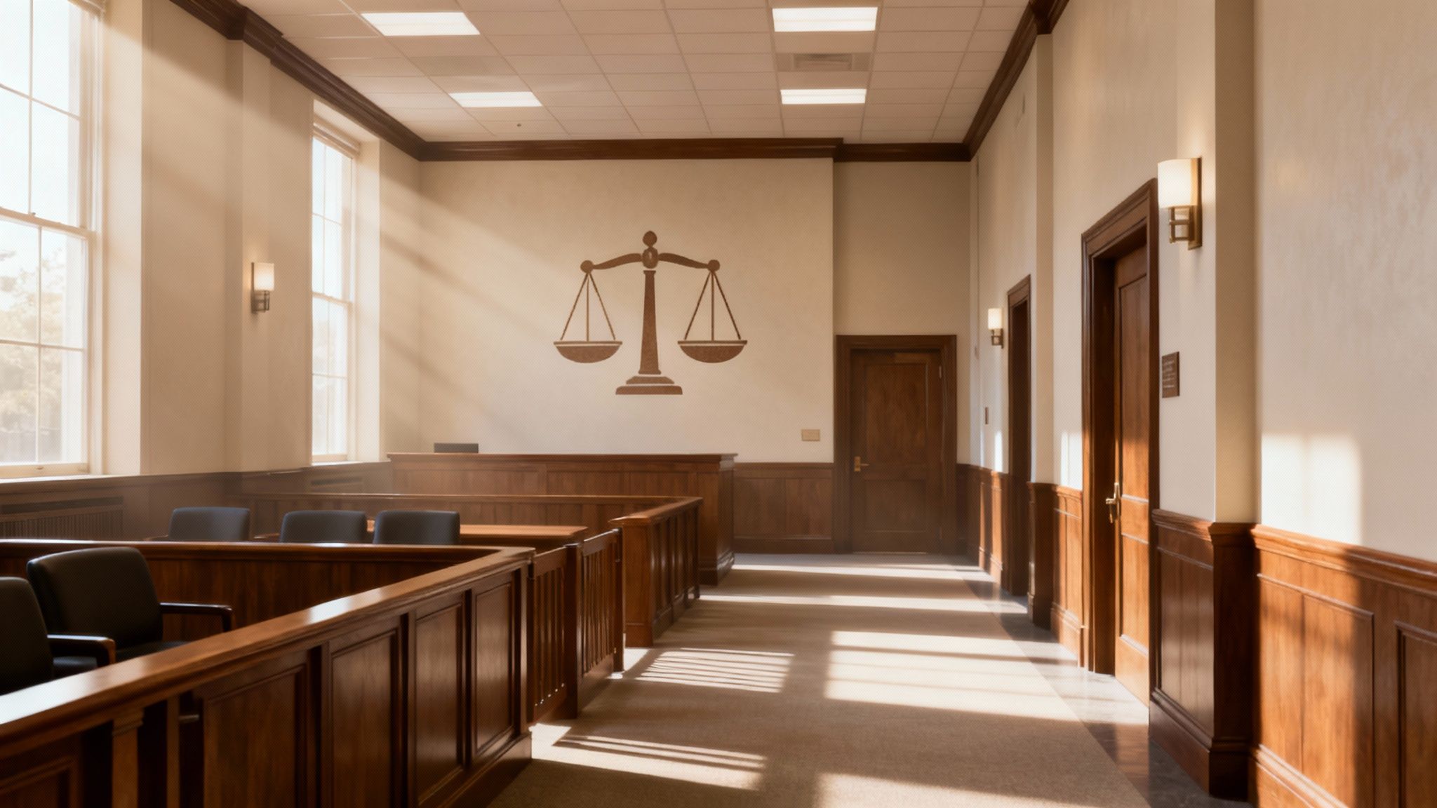 Courtroom interior featuring wooden benches, a scales of justice emblem on the wall, and natural light illuminating the space, symbolizing the family law appeal process in Texas.
