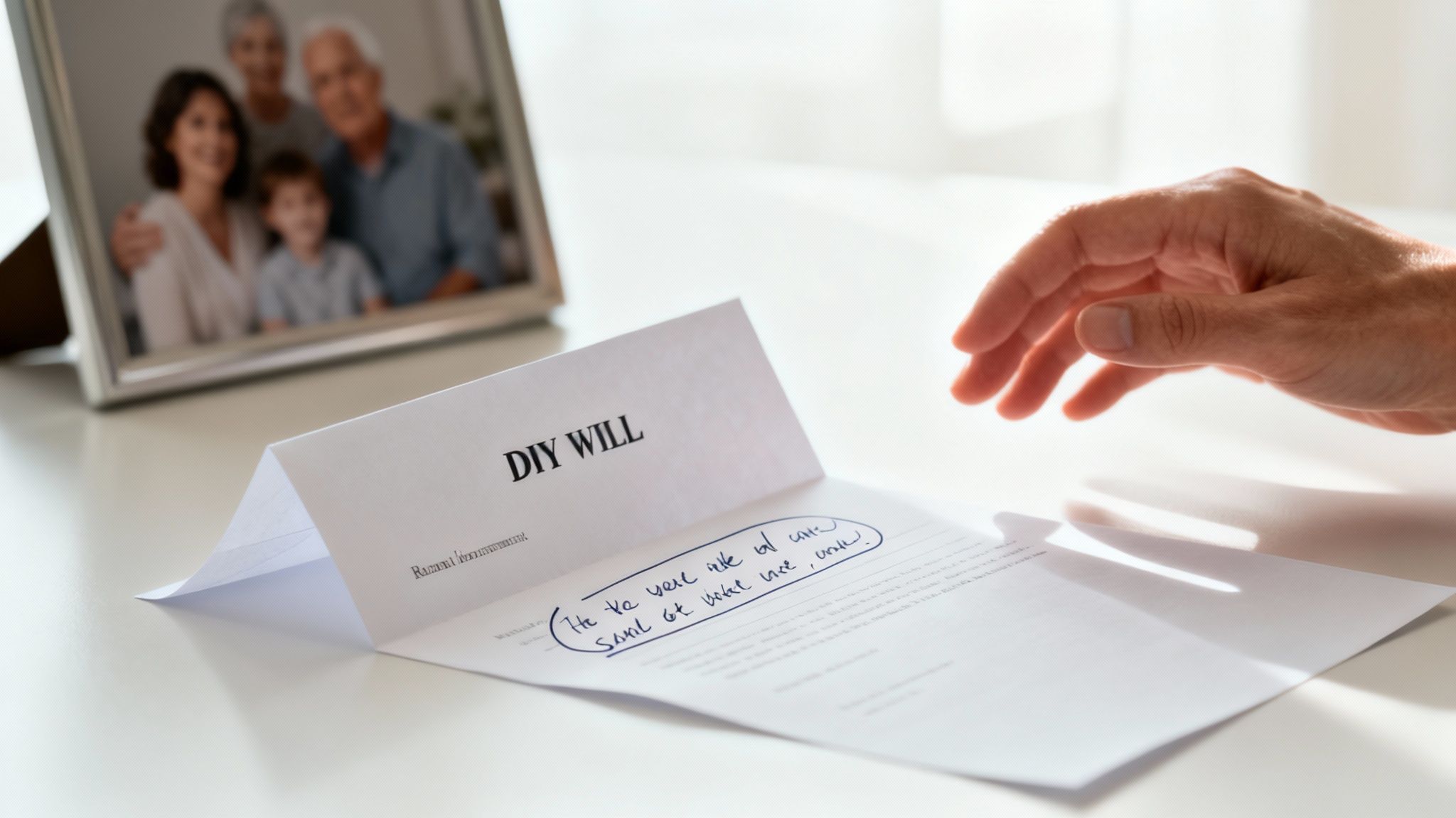 Hand reaching for a DIY will document on a table, with a family photo in the background, illustrating the personal nature of estate planning and the potential pitfalls of self-drafted wills.