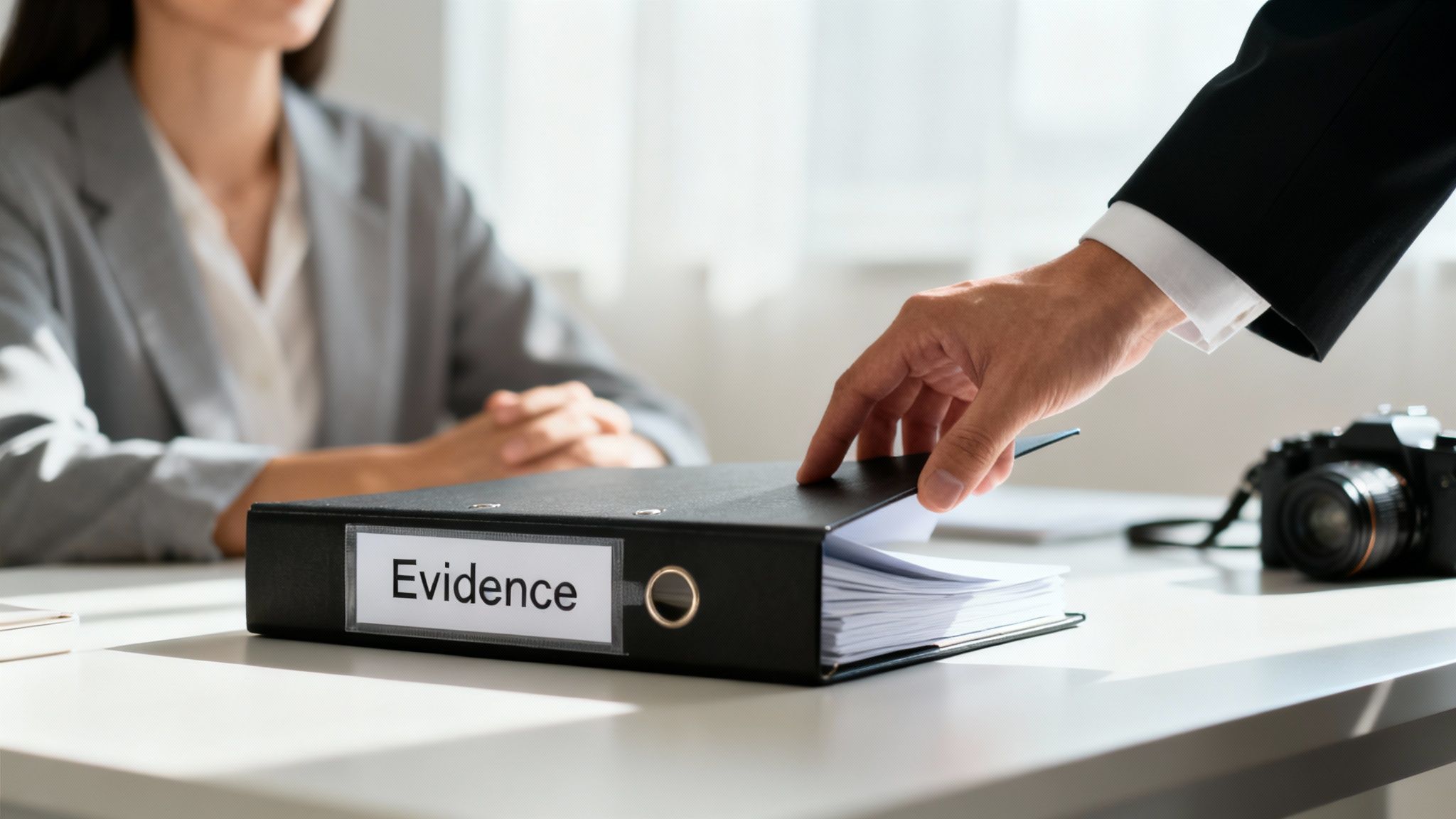 A lawyer reviewing legal documents at a desk, protecting a client's rights.
