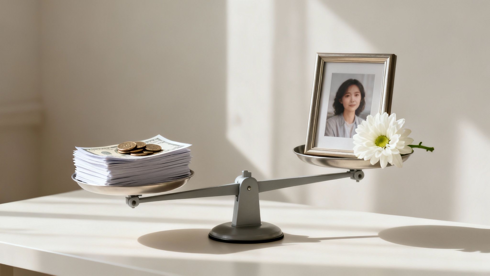 Balance scale weighing money and documents against framed photo with flower representing wrongful death compensation