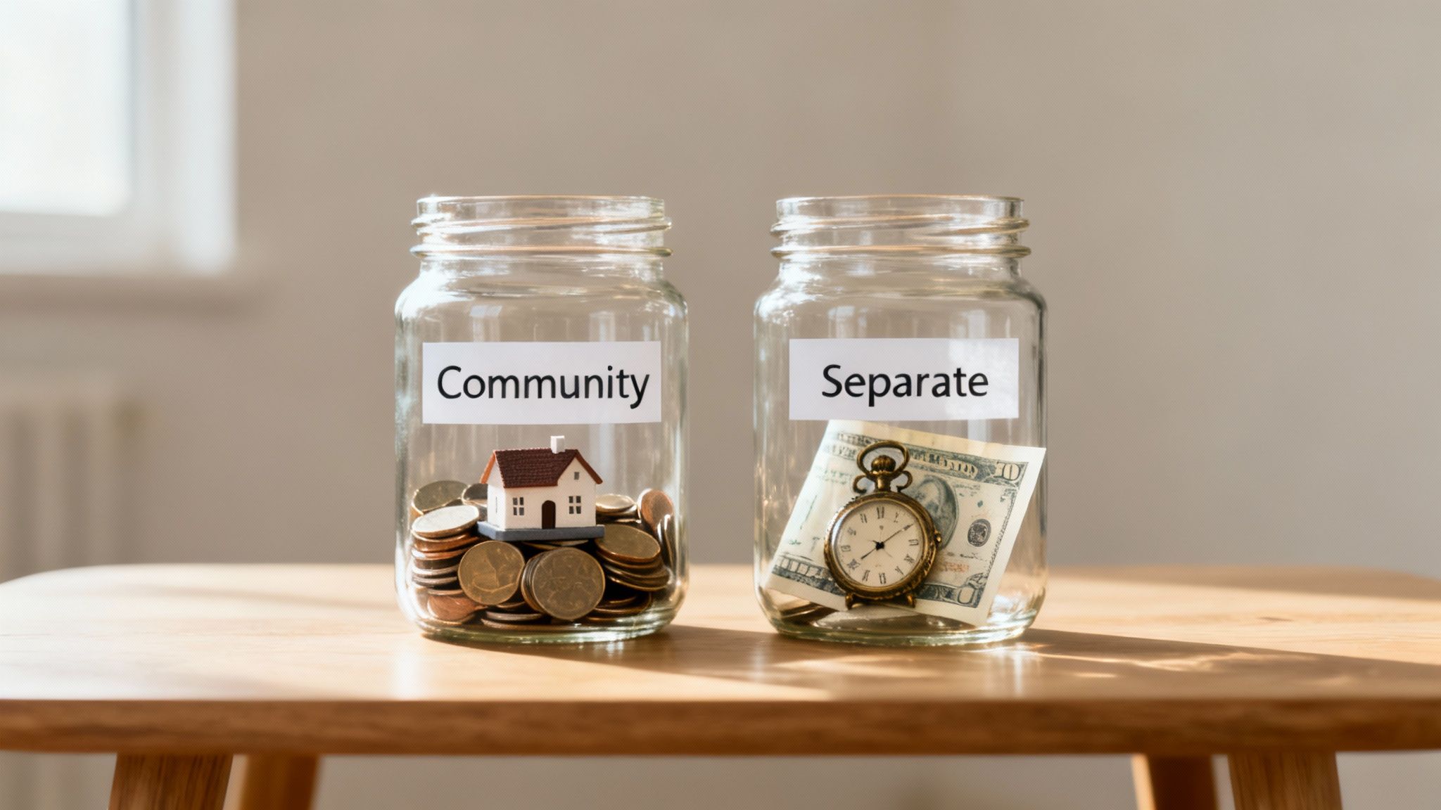 Two labeled jars, 'Community' with a house and coins, 'Separate' with money and a watch, symbolizing property division.