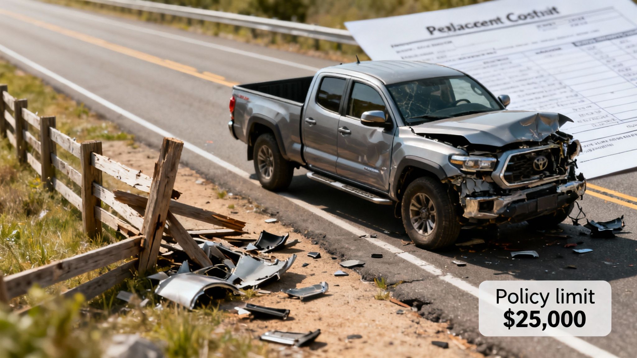 A grey pickup truck crashed on a roadside, with a broken wooden fence and scattered debris. An insurance policy limit of $25,000 is visible.