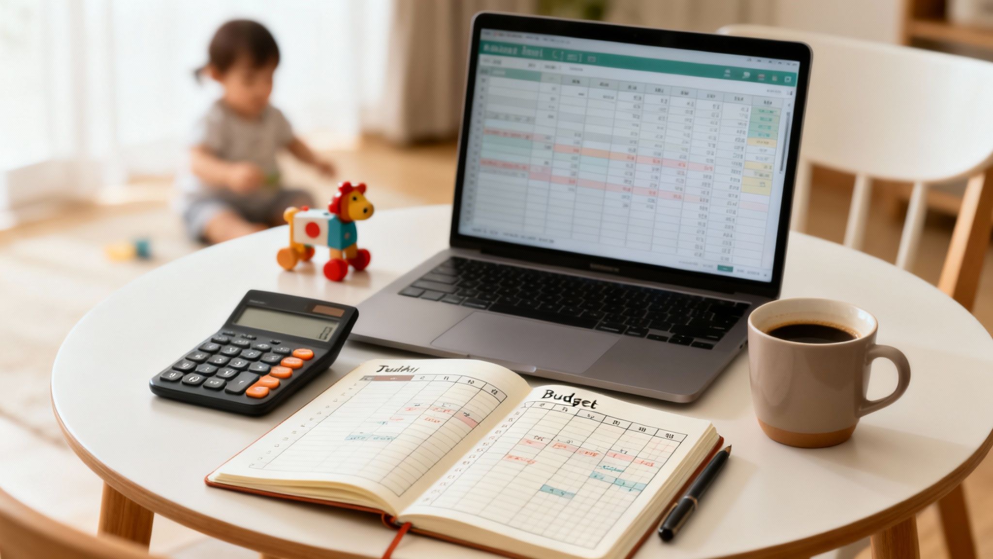 A home office setup with a laptop displaying a budget spreadsheet, calculator, planner, and coffee cup, with a child playing in the background.