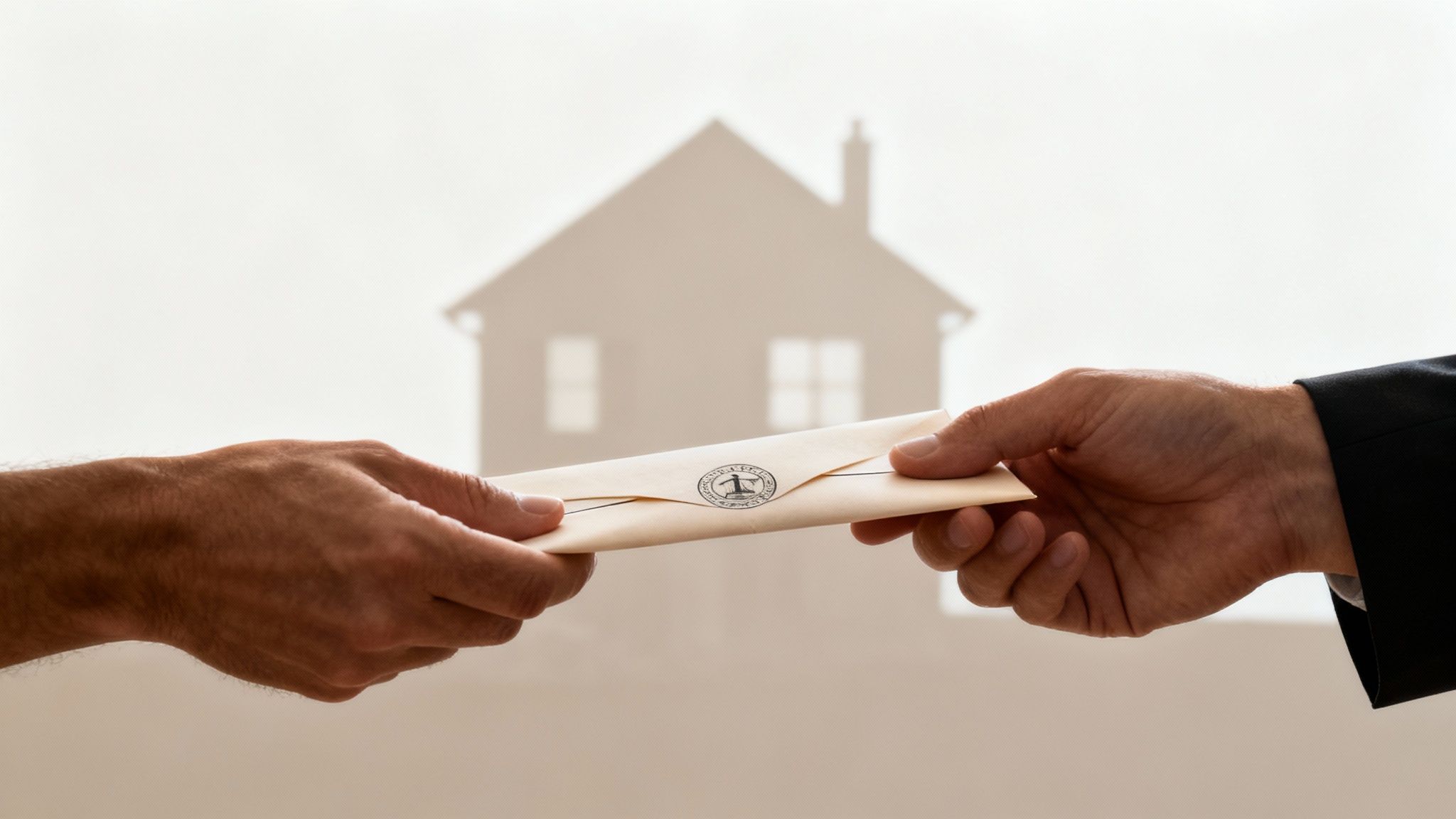 Hands exchanging an envelope with a legal seal, symbolizing the transfer of property ownership, with a blurred house silhouette in the background, representing estate administration and the Muniment of Title process in Texas.