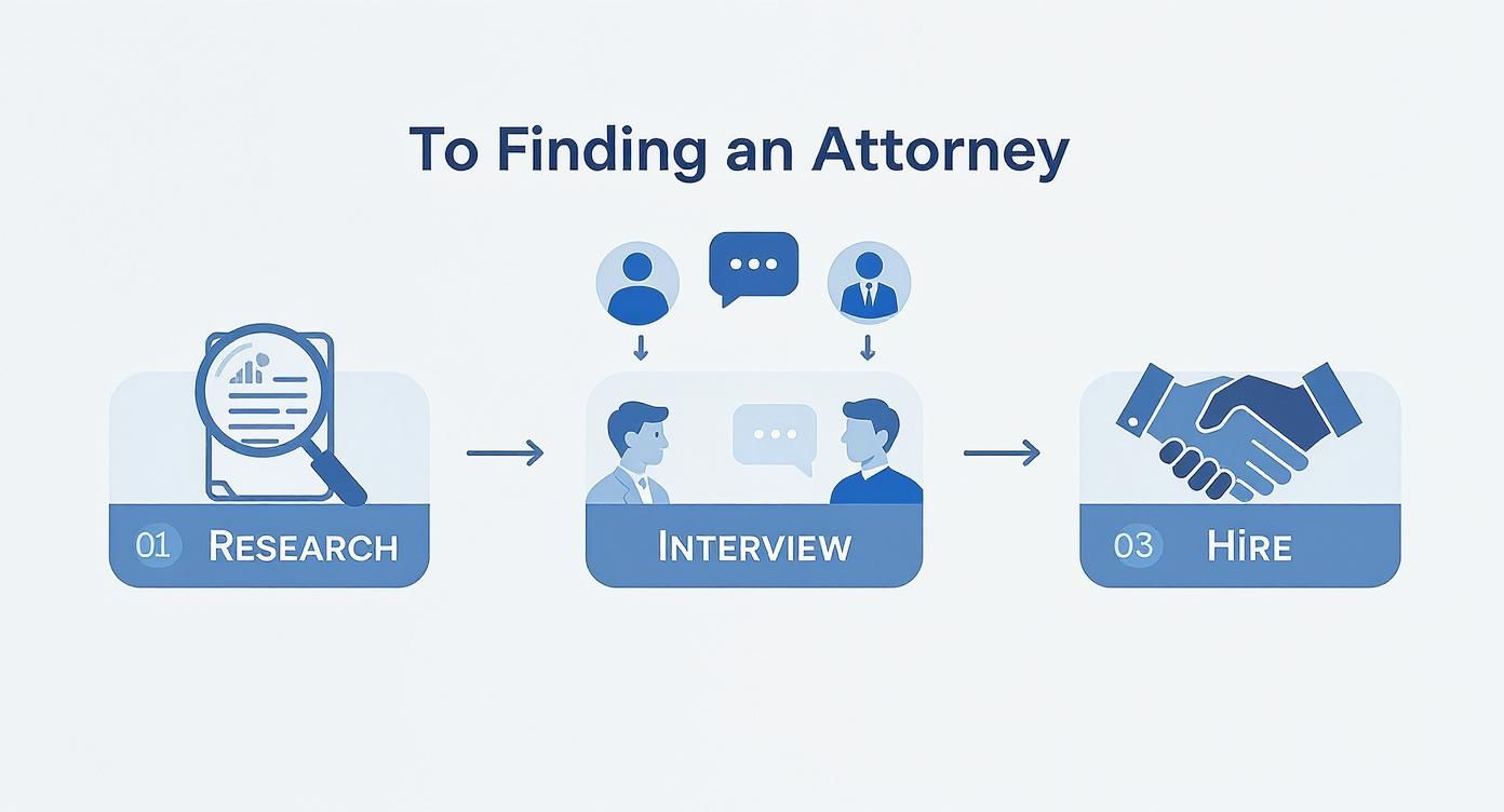 Graphic illustrating the process of finding an estate planning attorney, featuring steps: Research, Interview, and Hire, with visual elements representing each stage.