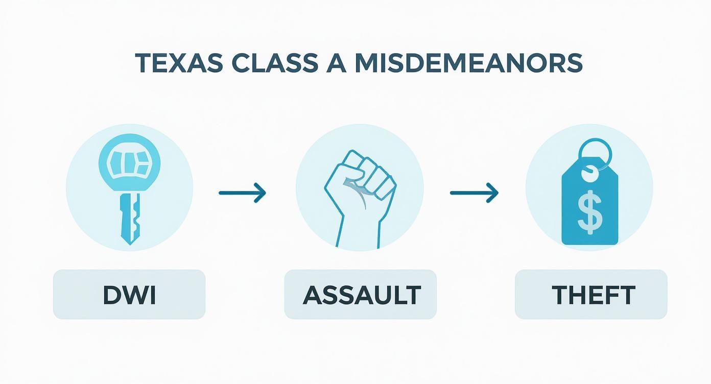 Texas Class A misdemeanors infographic illustrating the progression from DWI to Assault and Theft.