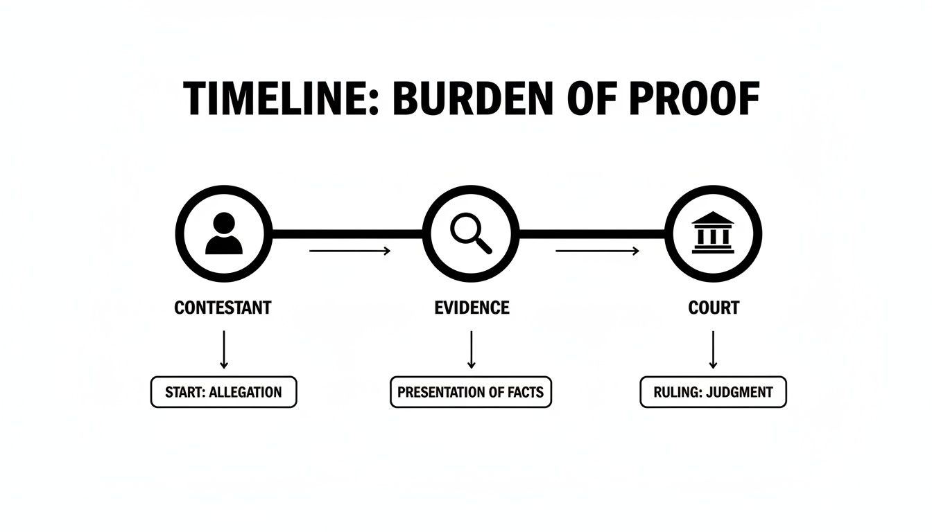 Timeline infographic illustrating the burden of proof in will contesting, featuring steps from contestant's allegation to evidence presentation and court ruling.