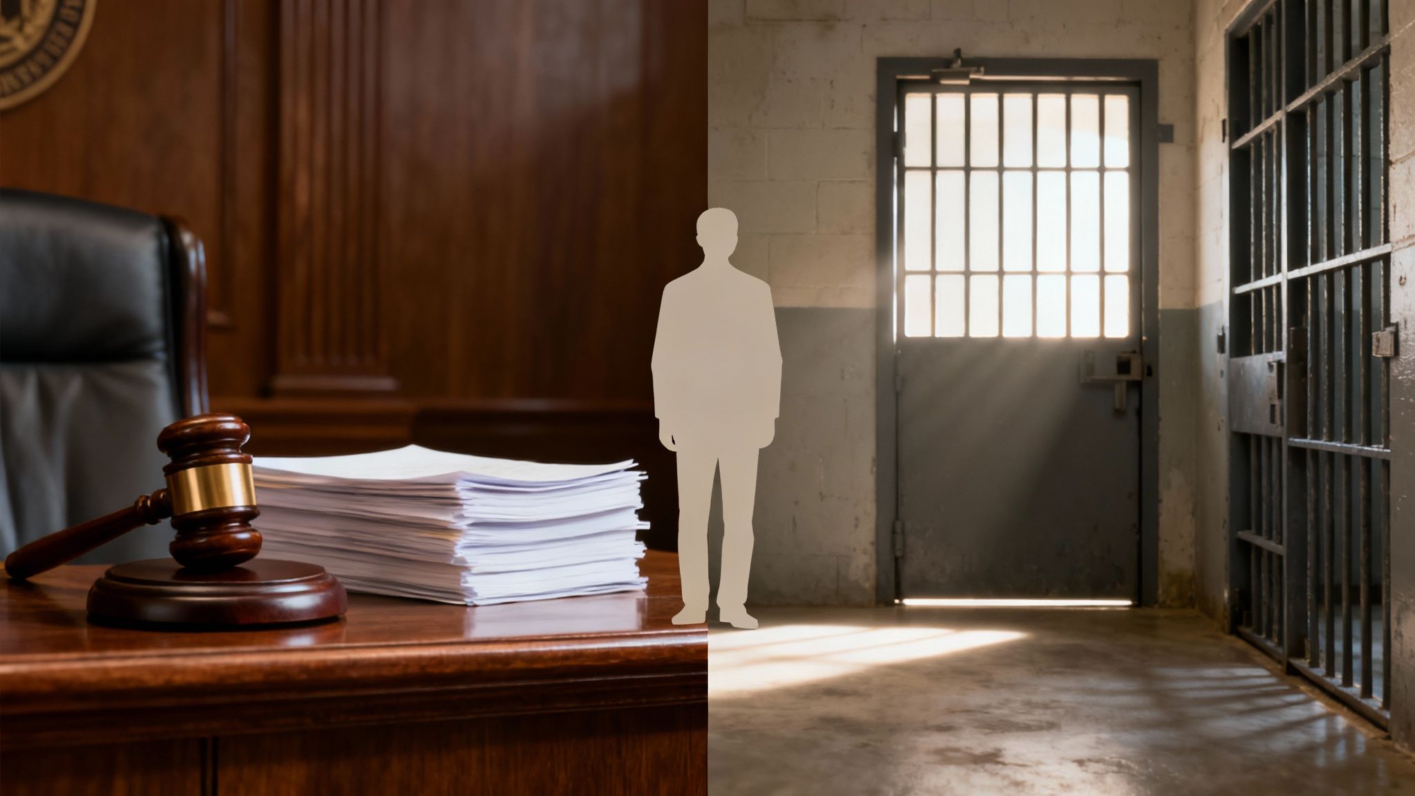 A split image shows a courtroom with a gavel and a prison cell with a human silhouette.