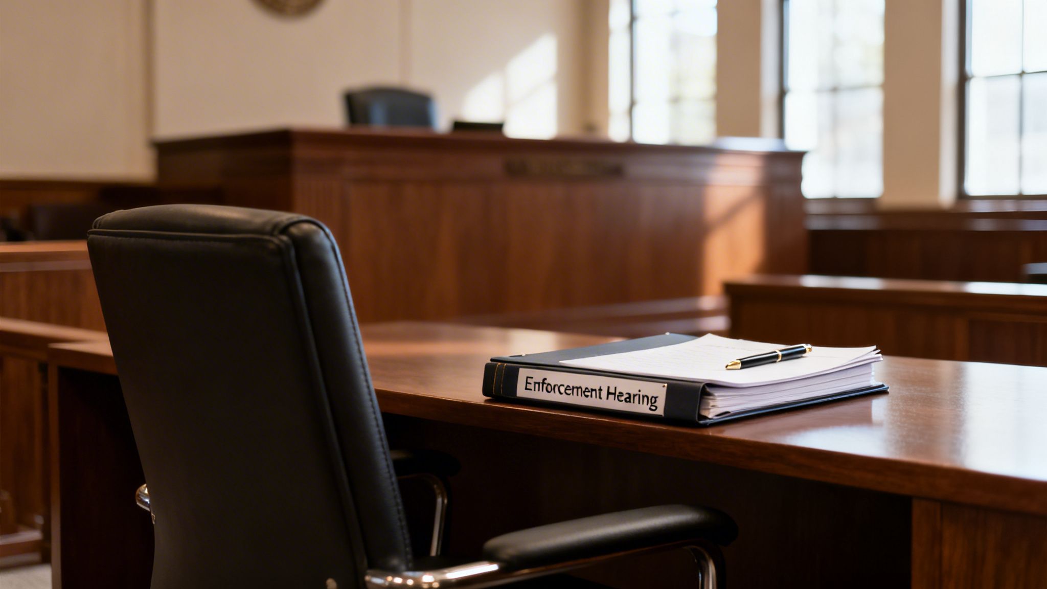 A binder labeled 'Enforcement Hearing' sits on a polished wooden desk in a courtroom setting.
