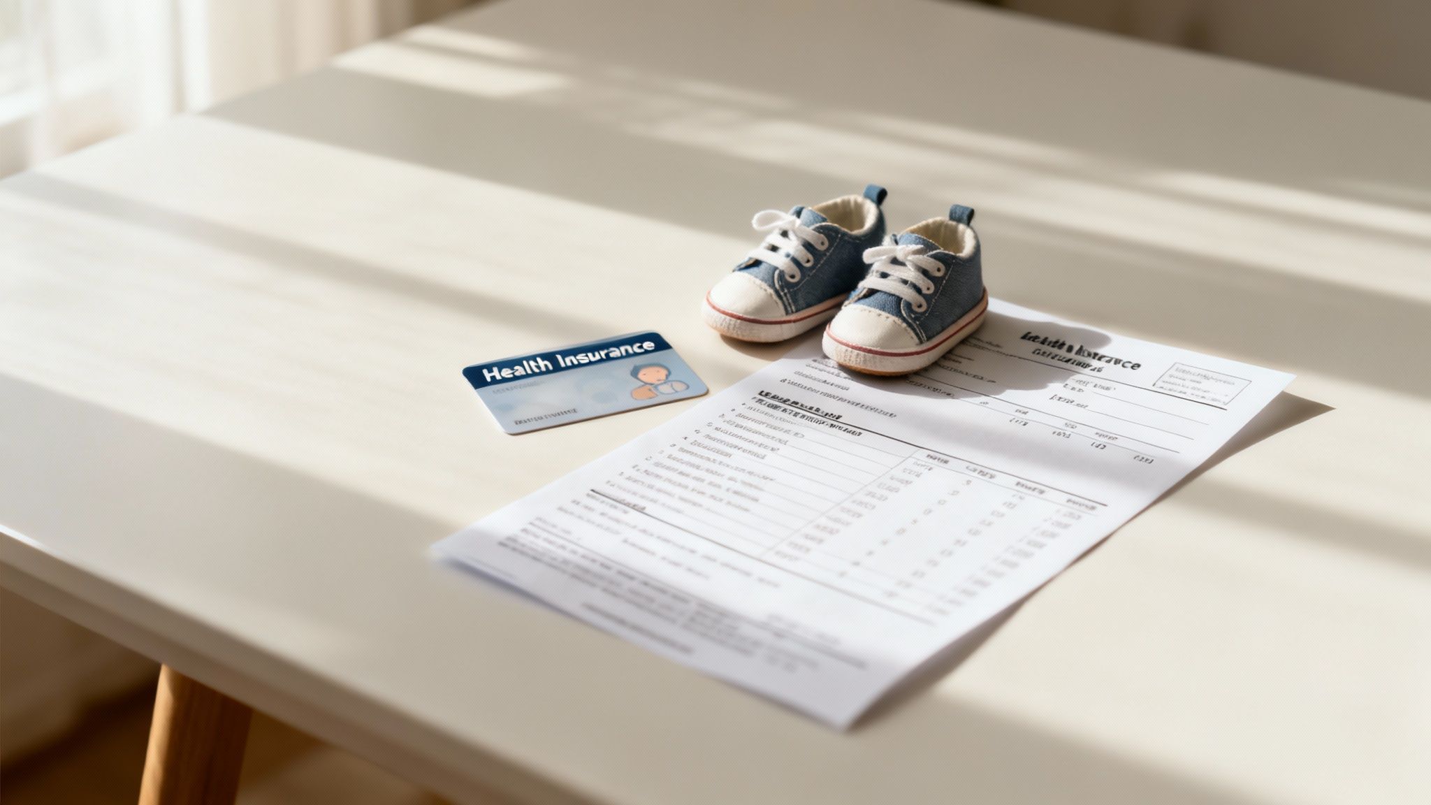 Health insurance card, policy document, and baby shoes on a table, symbolizing family planning and care.