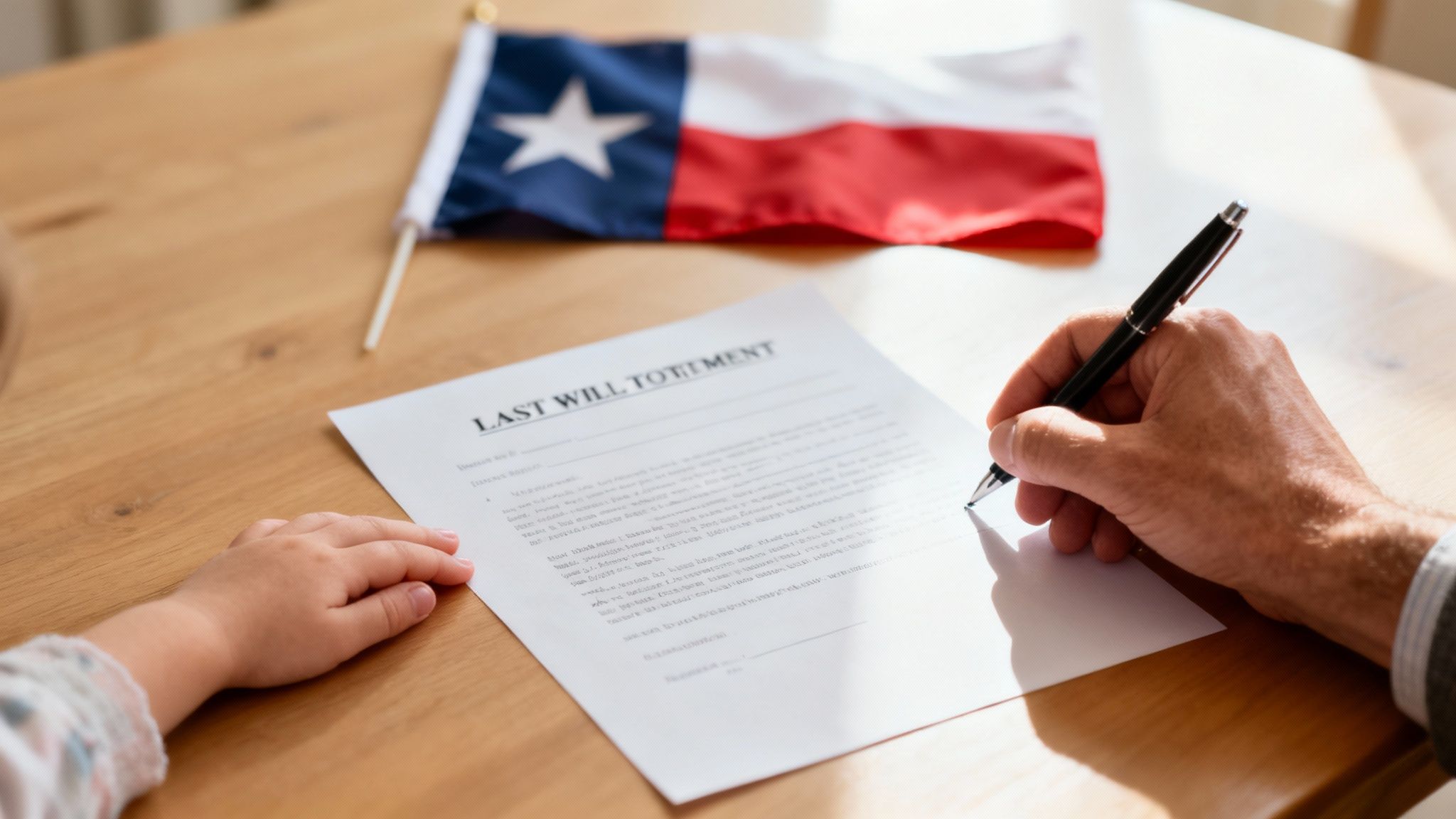 A person signs a Last Will and Testament document with a child's hand nearby and a Texas flag.