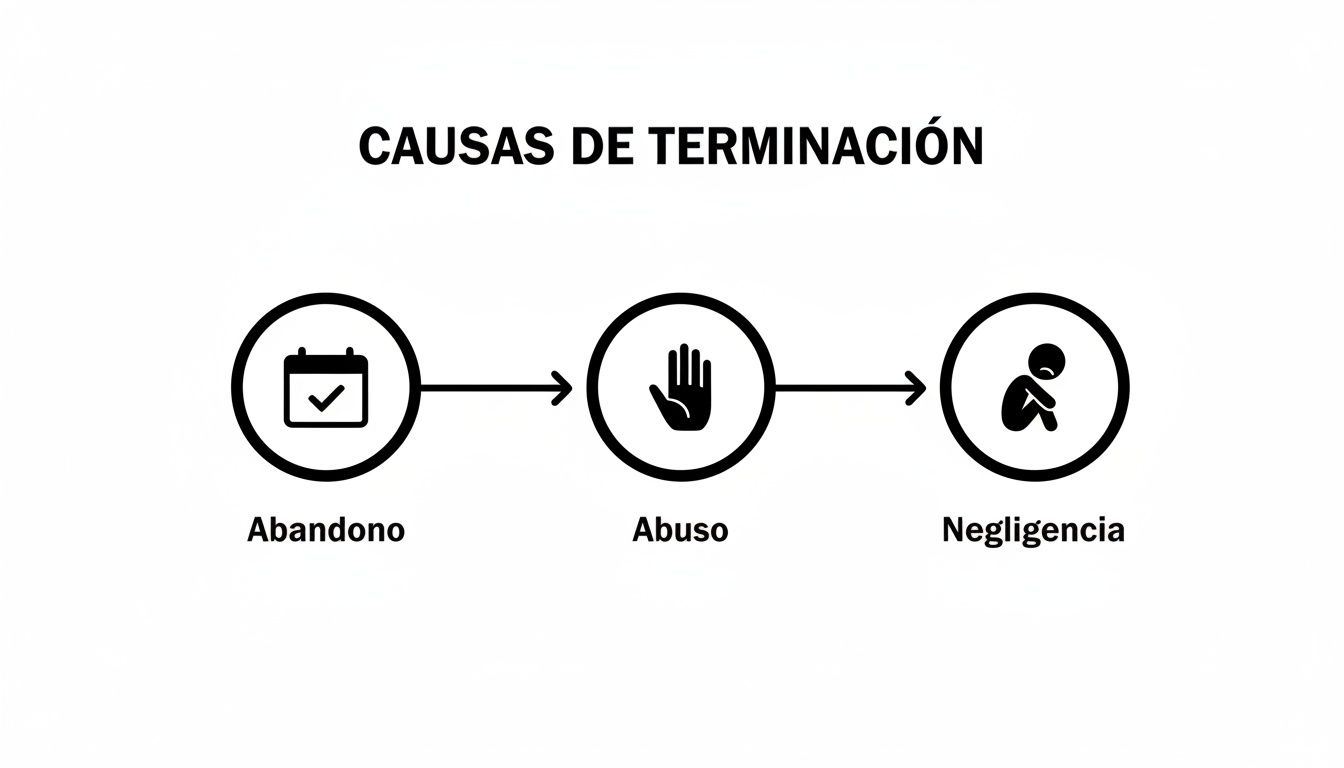 Diagrama visual de las causas de terminación, incluyendo abandono, abuso y negligencia, representadas con iconos.