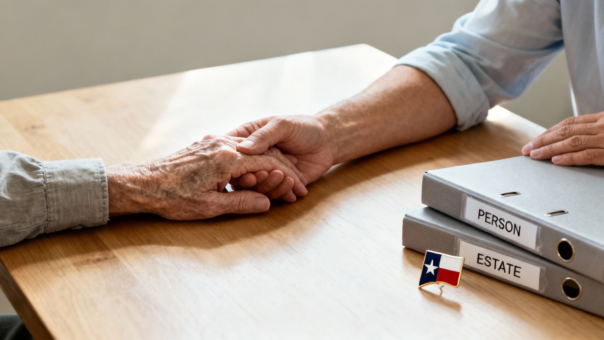 A supportive hand holding an elderly person's hand, with Texas estate planning binders on a wooden table.