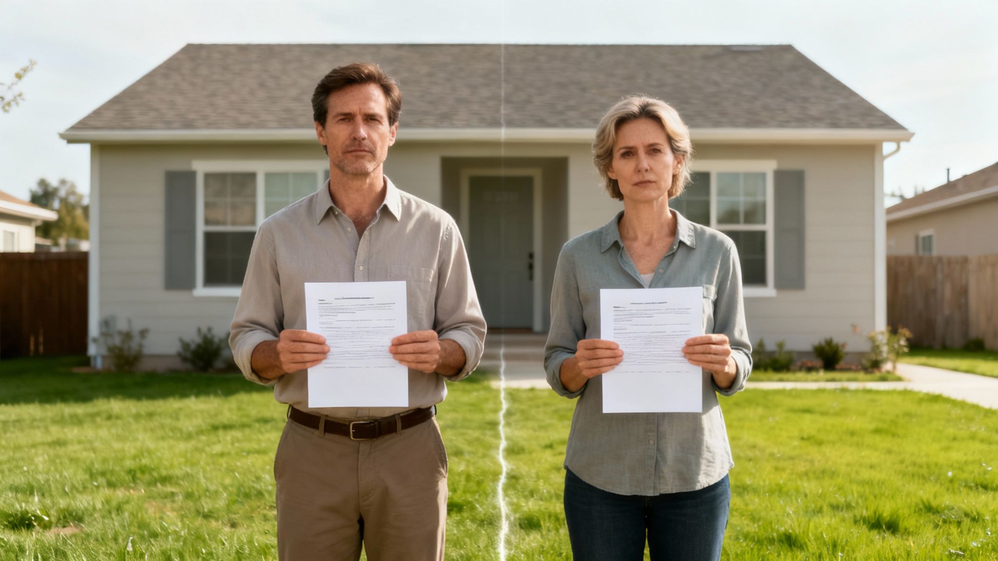 Couple standing outside a house holding legal documents, symbolizing a property dispute and the potential for a partition action in Texas.