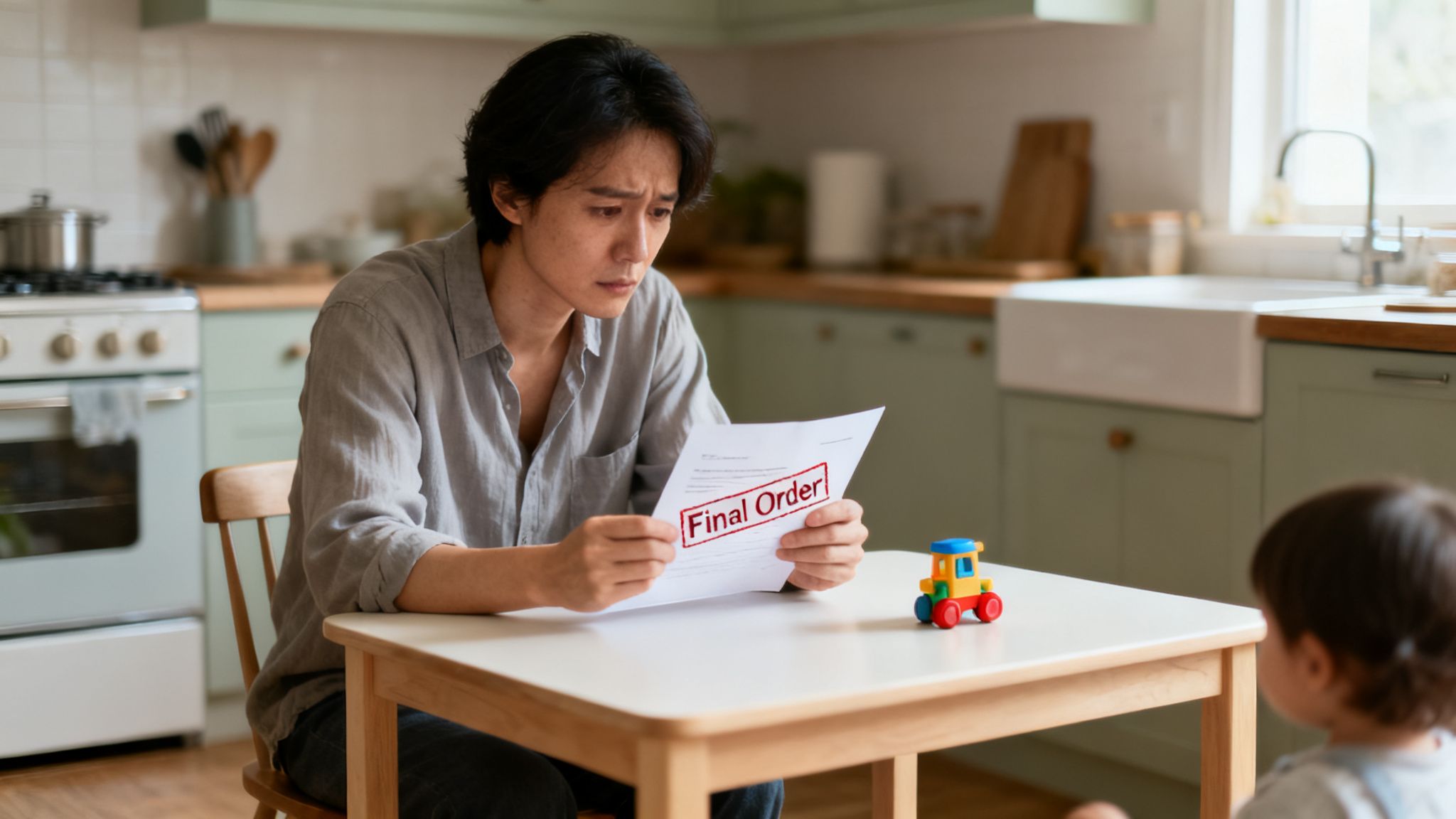 A distressed man reads a 'Final ' document at a kitchen table with a child nearby.