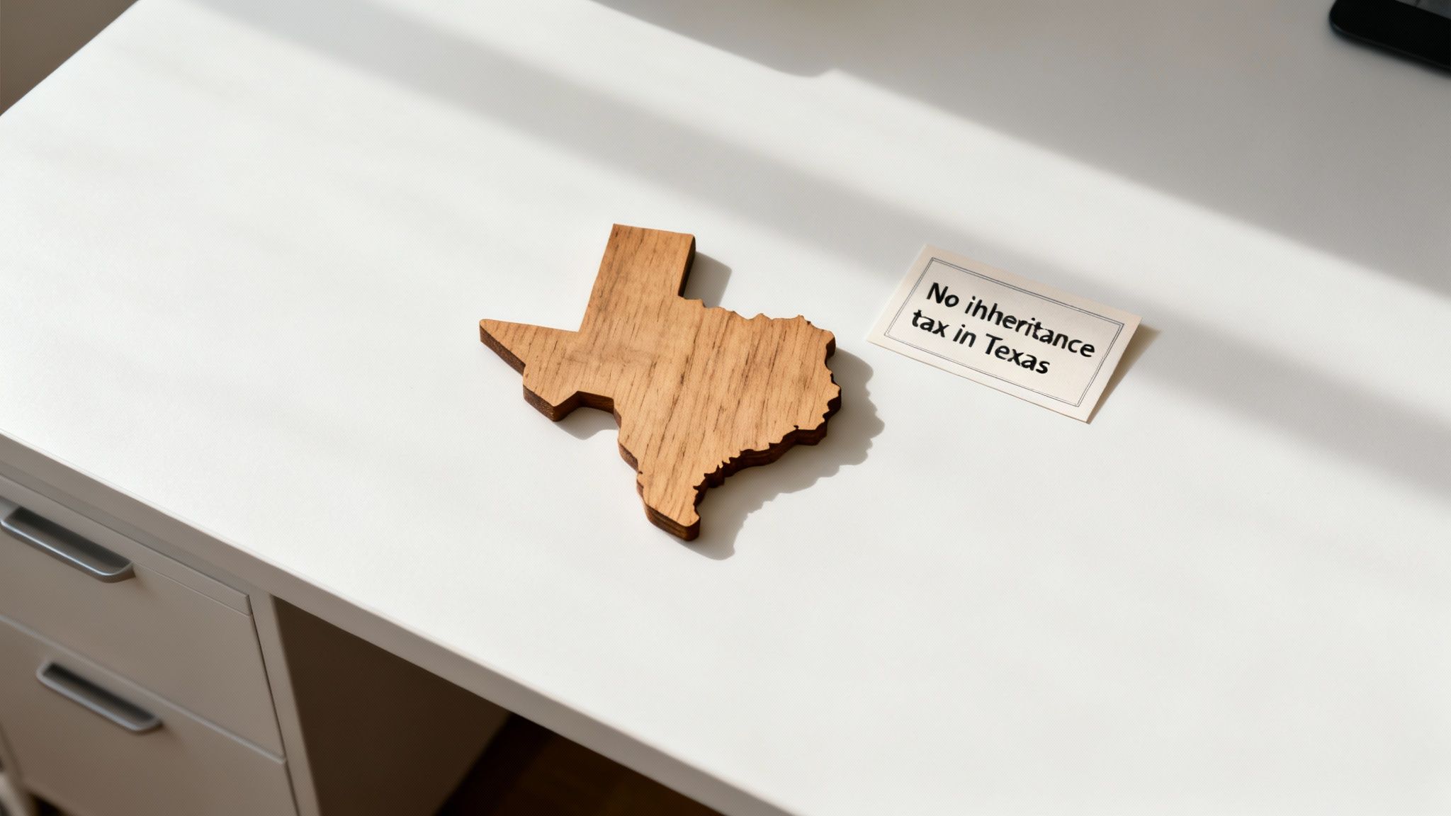 Wooden Texas state silhouette and a sign reading "No inheritance tax in Texas" on a white desk, illustrating Texas's favorable tax landscape for estate planning.
