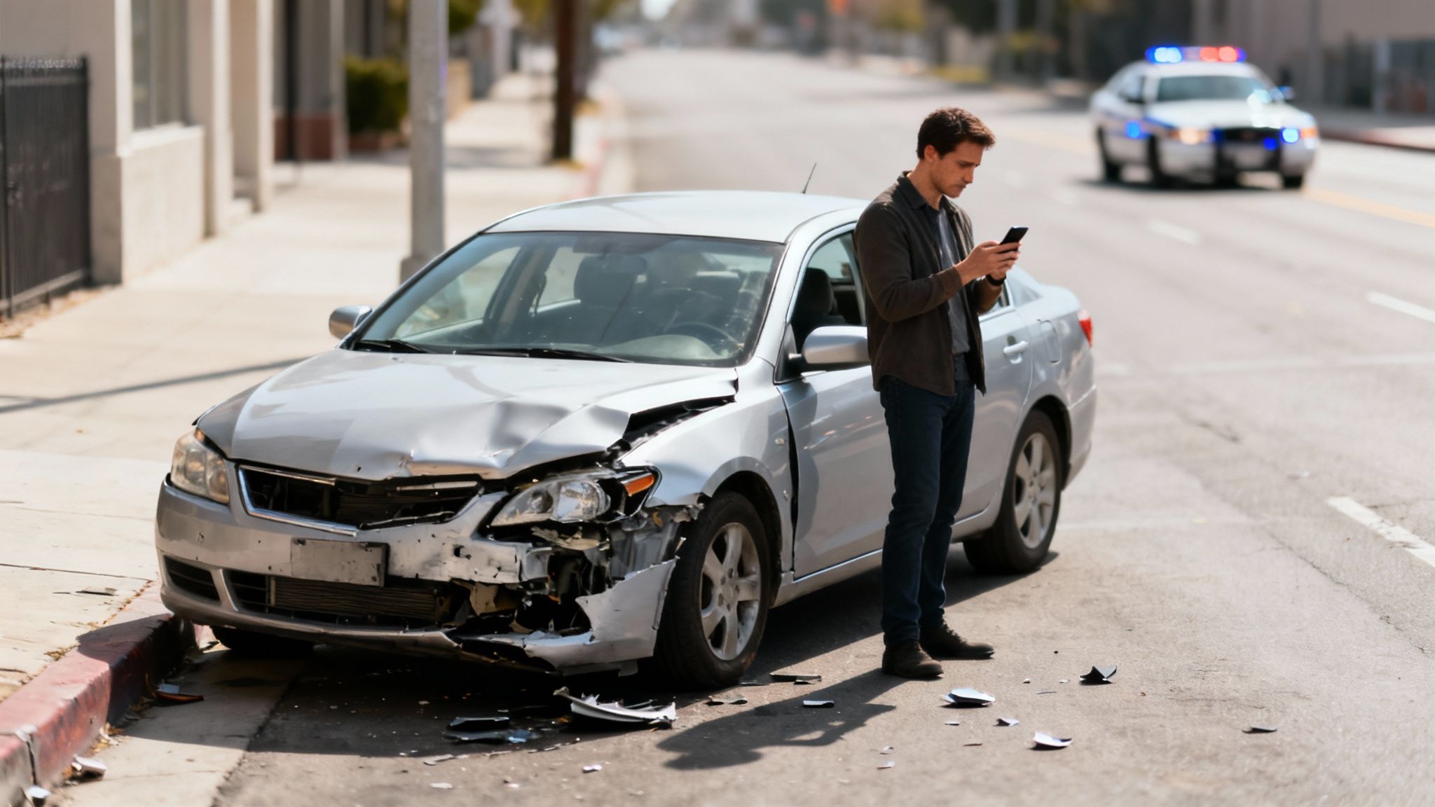 A man checks his phone next to his wrecked car on a street, with a police car approaching.