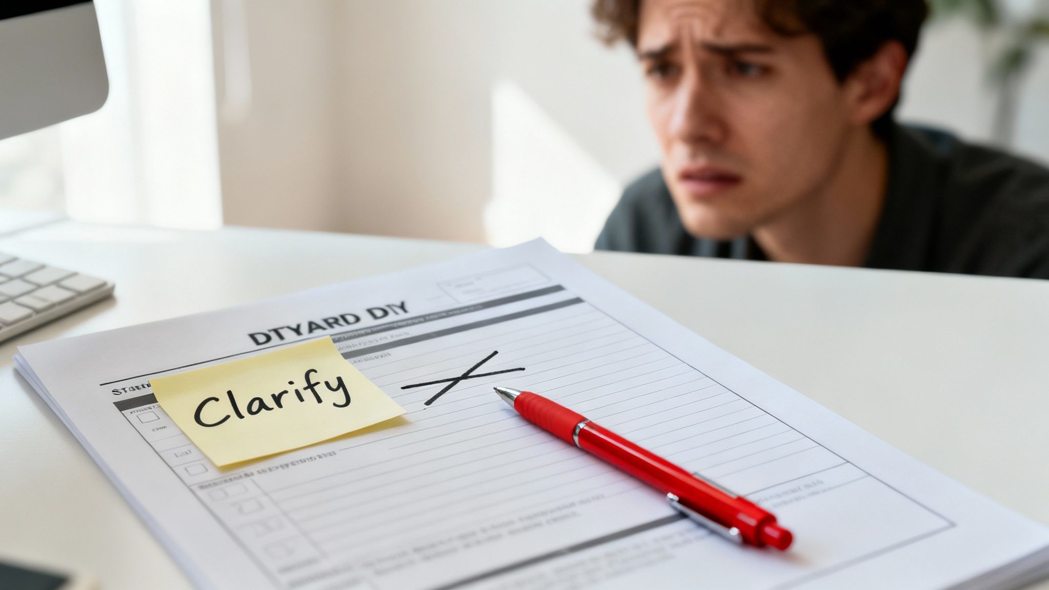 A distressed man looks at official paperwork with a "Clarify" sticky note, an 'X' mark, and a red pen.