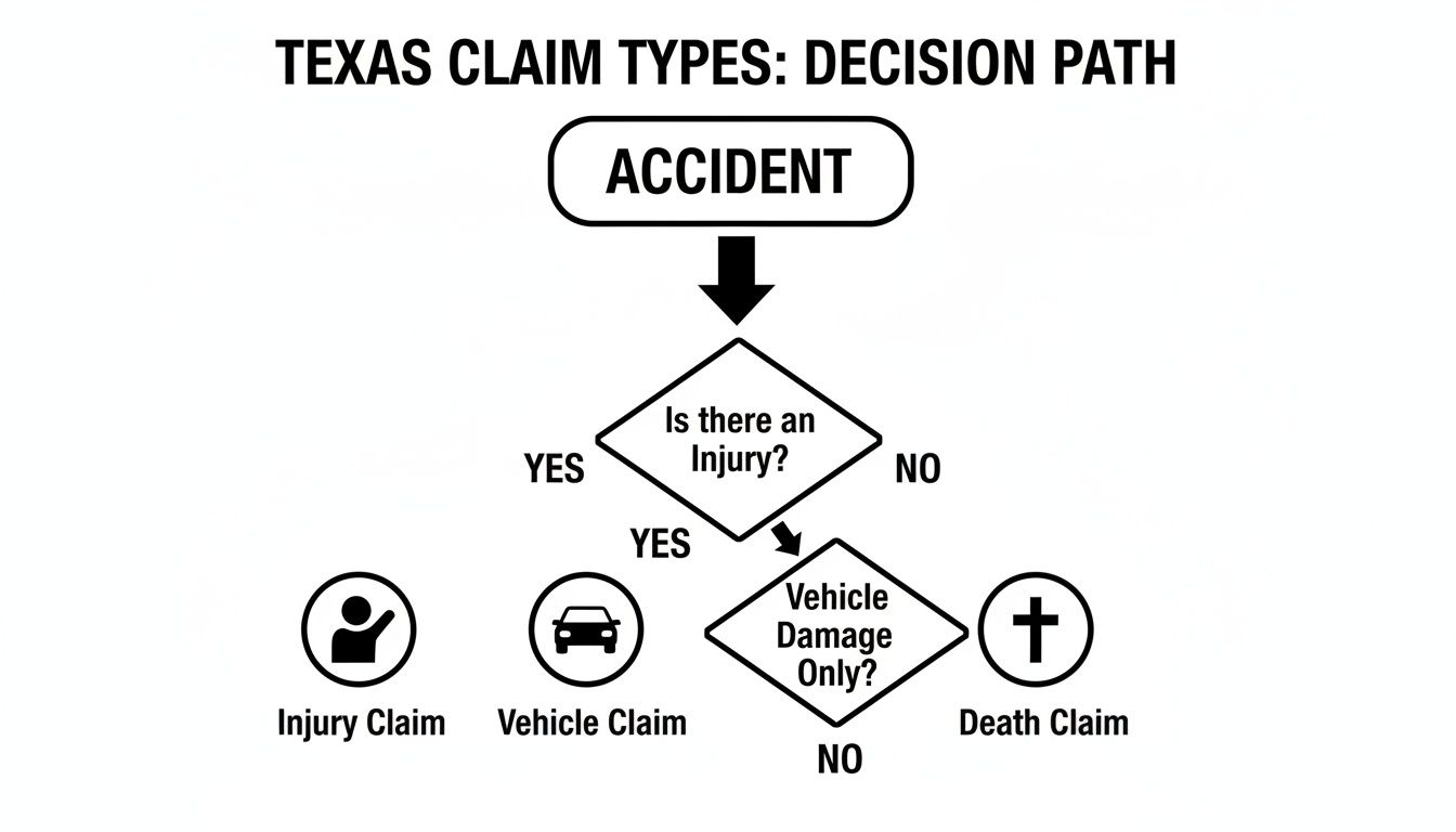 Flowchart illustrating Texas accident claim types: Injury, Vehicle, and Death claims based on injury and damage.