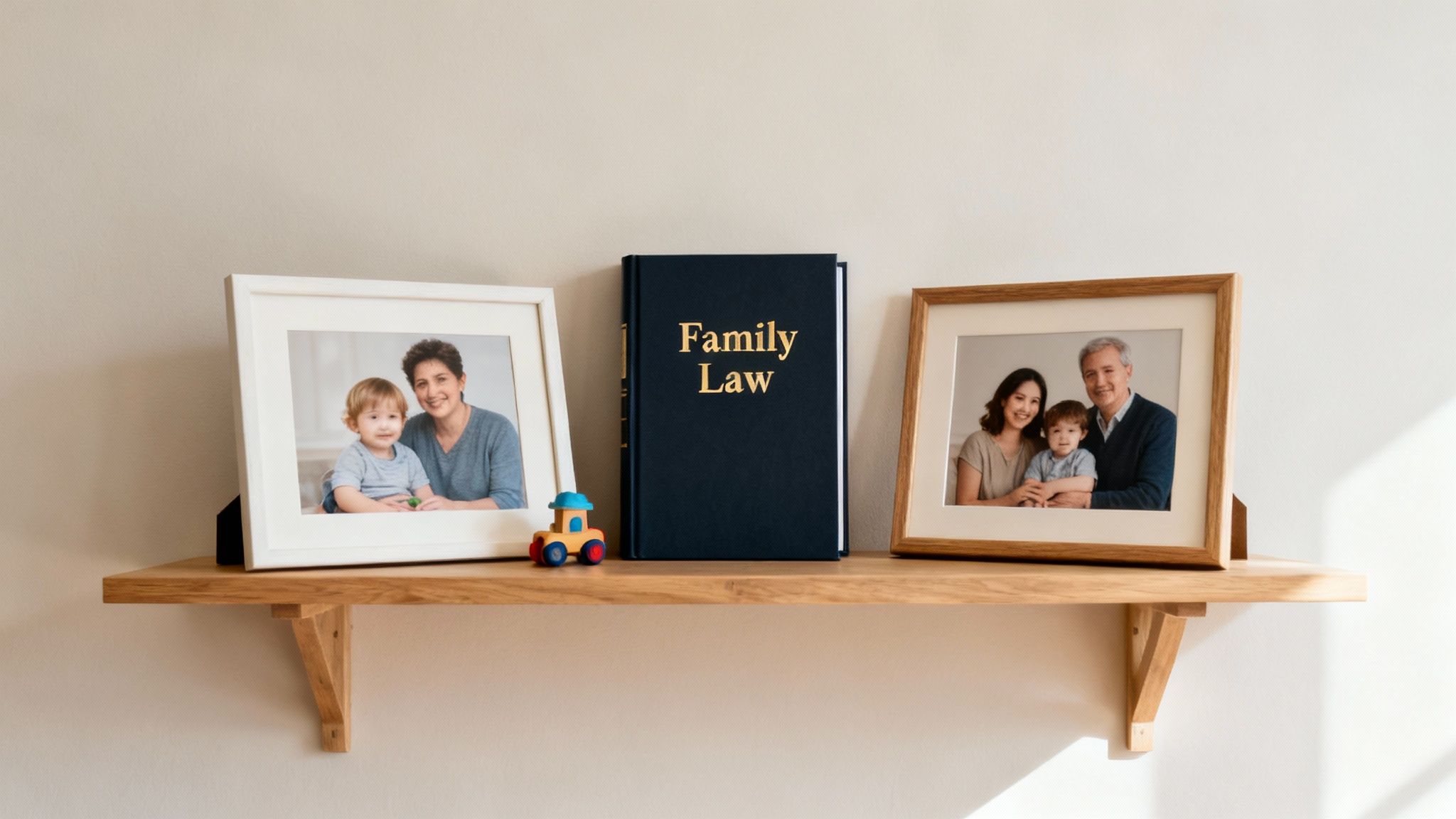 Two framed family photos, a toy car, and a "Family Law" book on a wooden shelf.