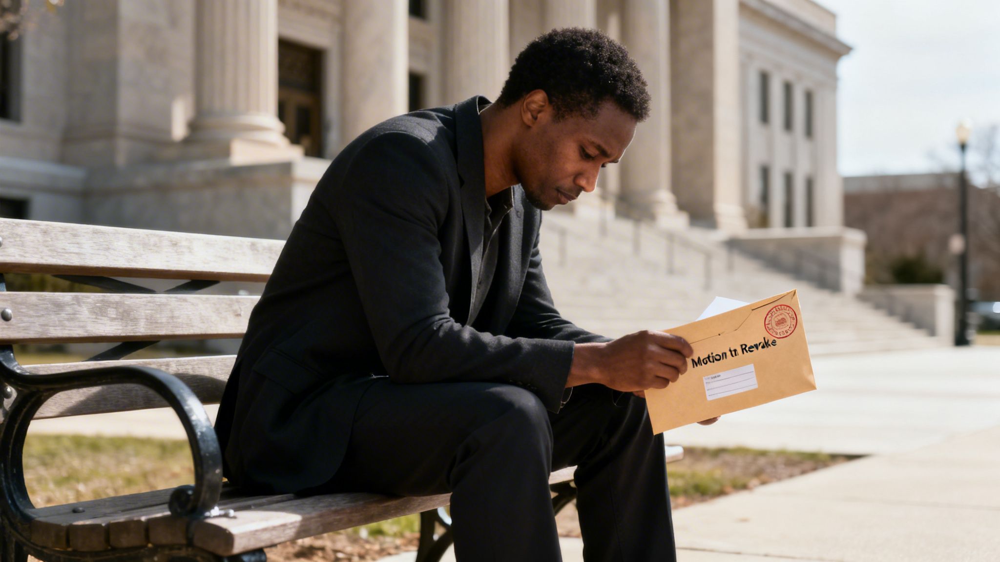 A pensive man in a suit reads a "Motion to Revoke" document on a bench outside a courthouse.