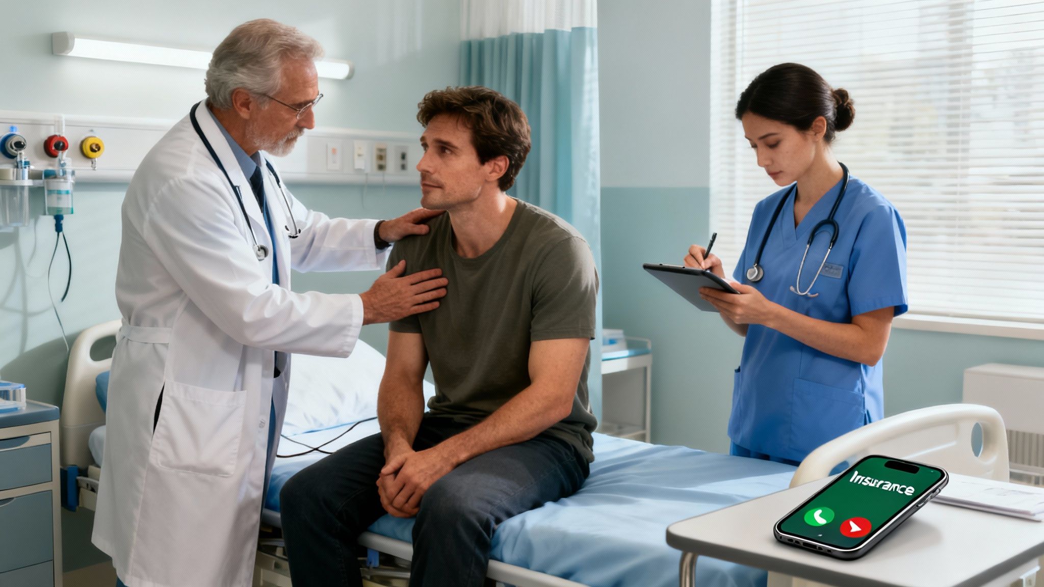 A doctor comforts a male patient on a hospital bed while a nurse takes notes, with a phone showing 'Insurance'.