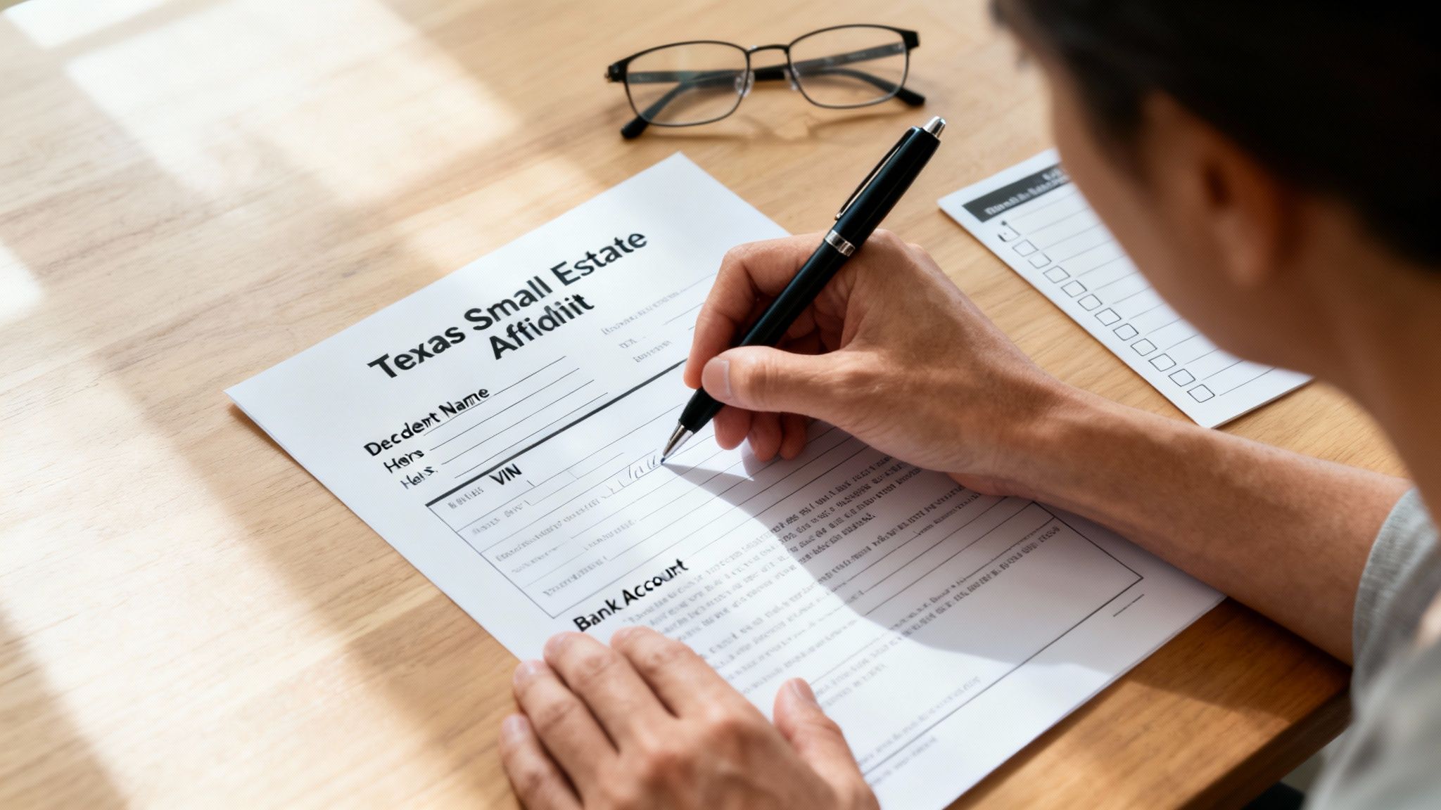 A person fills out a Texas Small Estate Affidavit form with a pen on a wooden desk.