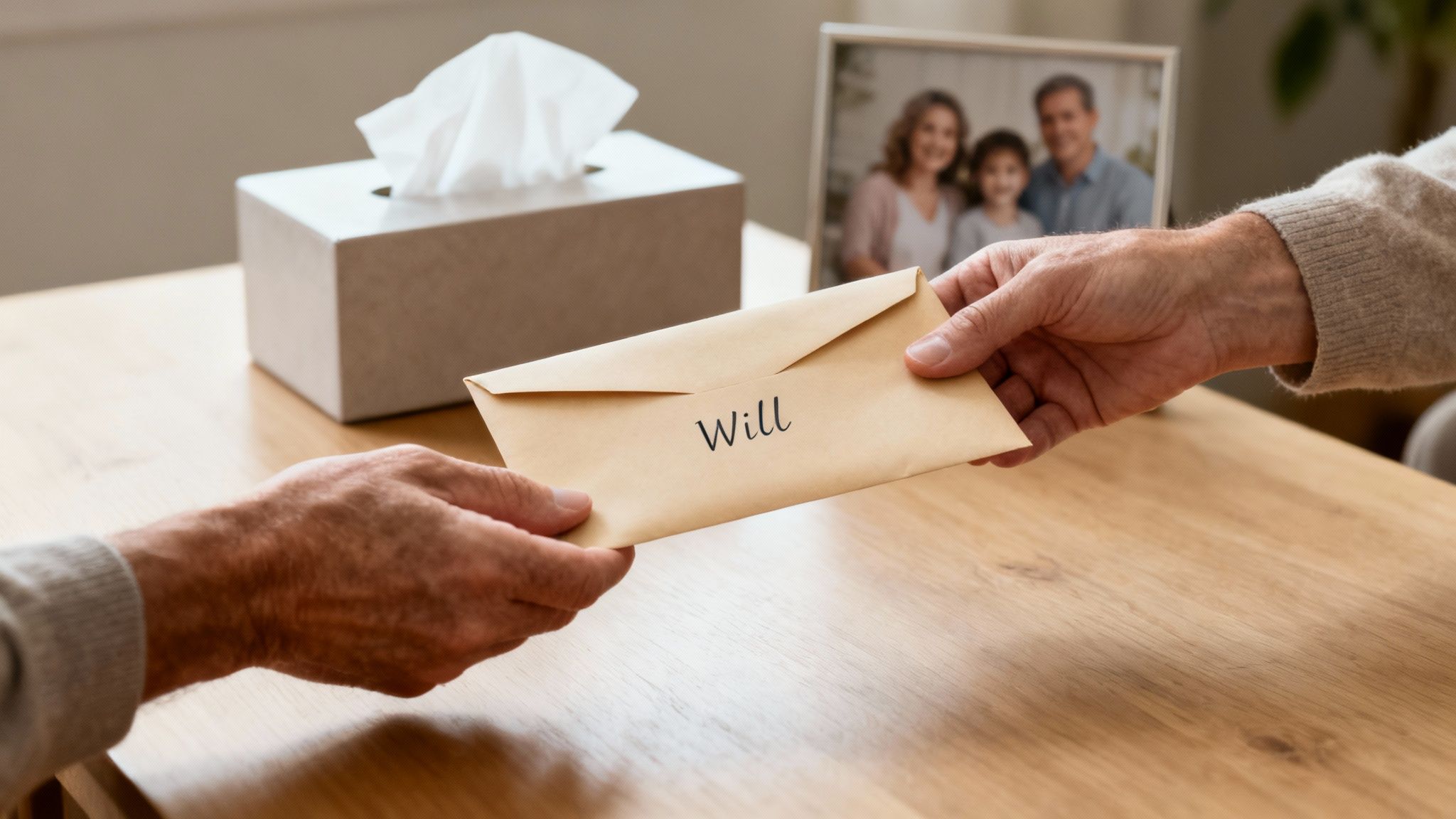 Elderly hands exchanging a brown envelope marked 'Will' on a wooden table, with a tissue box and family photo in the background.