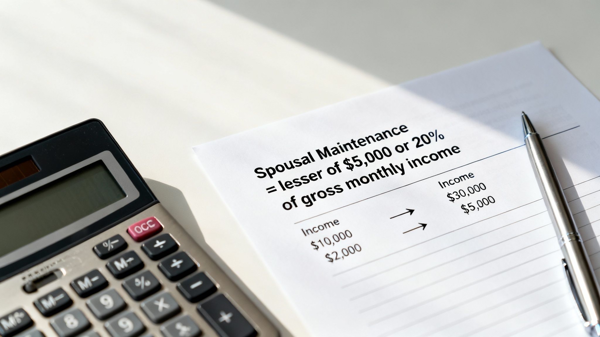 A document detailing spousal maintenance calculations, with a calculator and pen on a white desk.