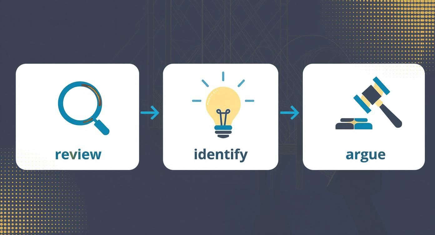 Infographic showing the process of finding legal errors with three steps: Review, Identify, and Argue, using icons of a magnifying glass, lightbulb, and gavel respectively.