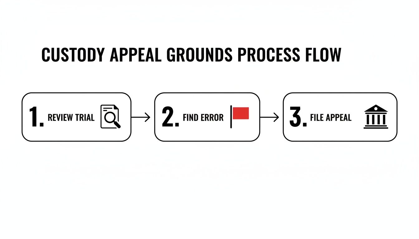 Process flow diagram illustrating three steps for a custody appeal: review trial, find error, and file appeal.