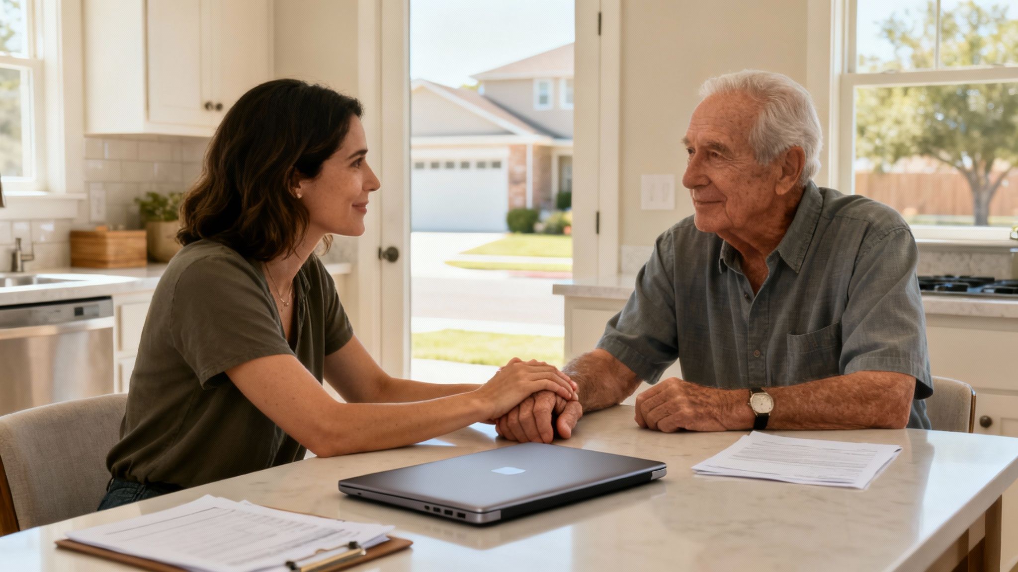 Woman and elderly man sitting at kitchen table, discussing financial planning for elder care, laptop and documents visible, emphasizing family support and asset protection.