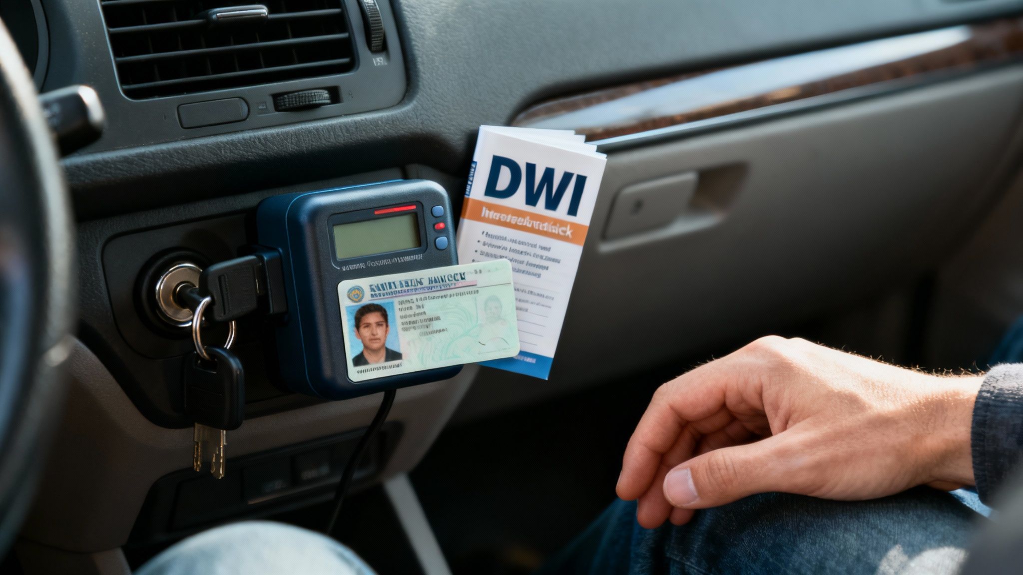 Driver's seat with DWI ignition interlock device, Texas driver's license, and informational DWI pamphlet, emphasizing legal consequences of DWI offenses.
