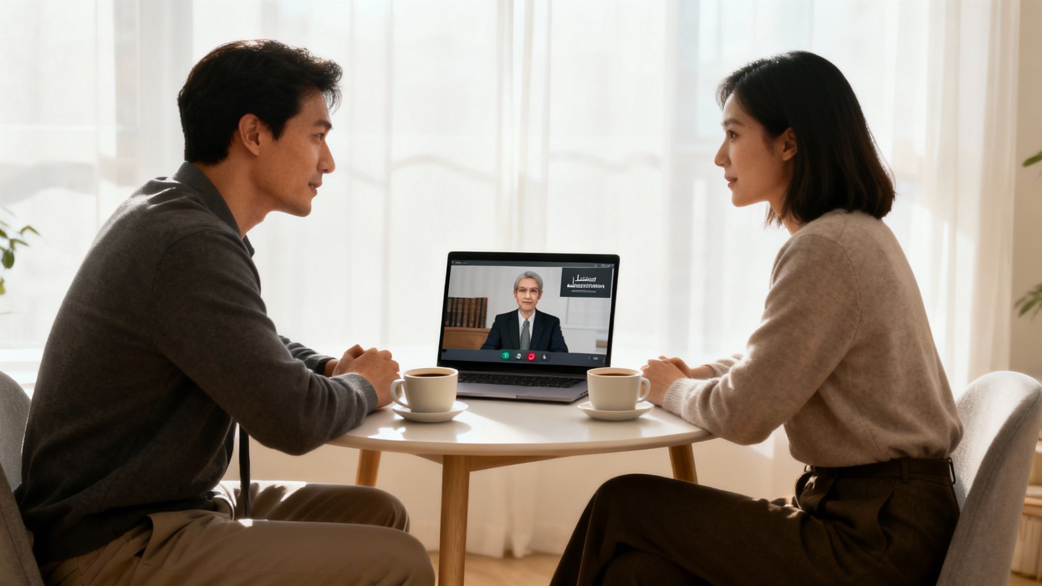 Una pareja asiática hace una videollamada con un abogado en su laptop, sentados a una mesa.