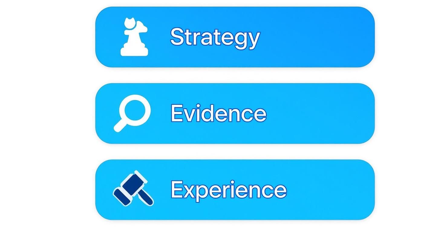 Infographic showing three key areas to ask a lawyer about: Strategy, Evidence, and Experience.