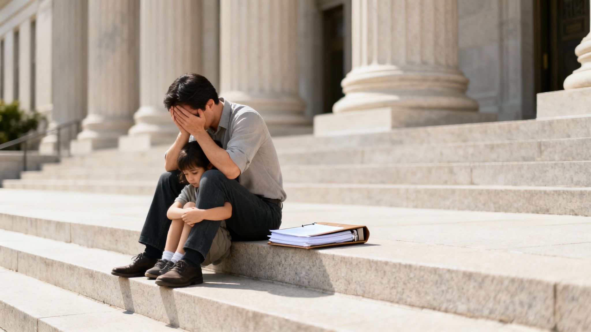A distraught father covers his face, sitting with his child on courthouse steps, a binder nearby.