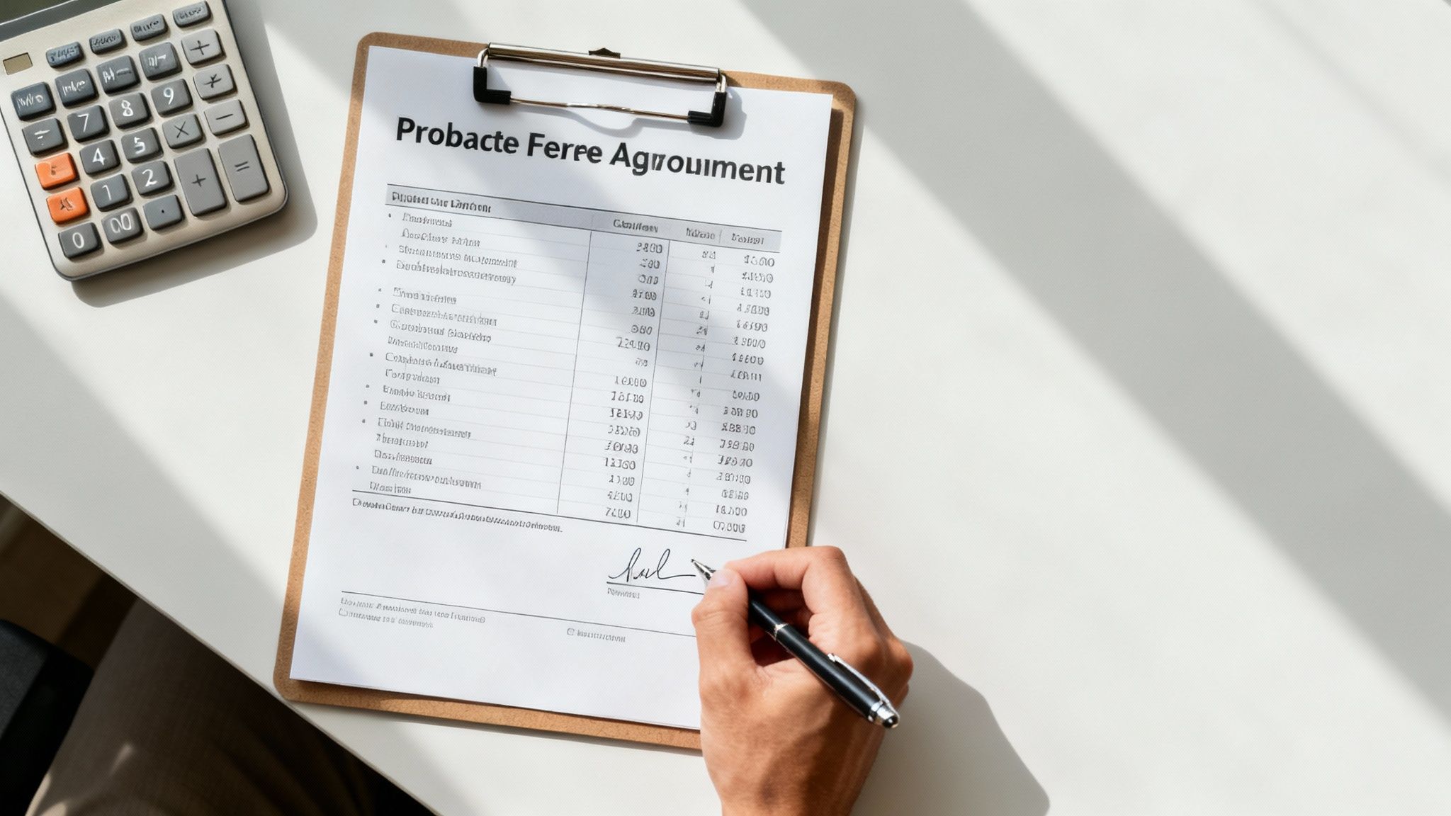 A calculator and pen resting on financial documents, symbolizing the process of understanding probate costs.