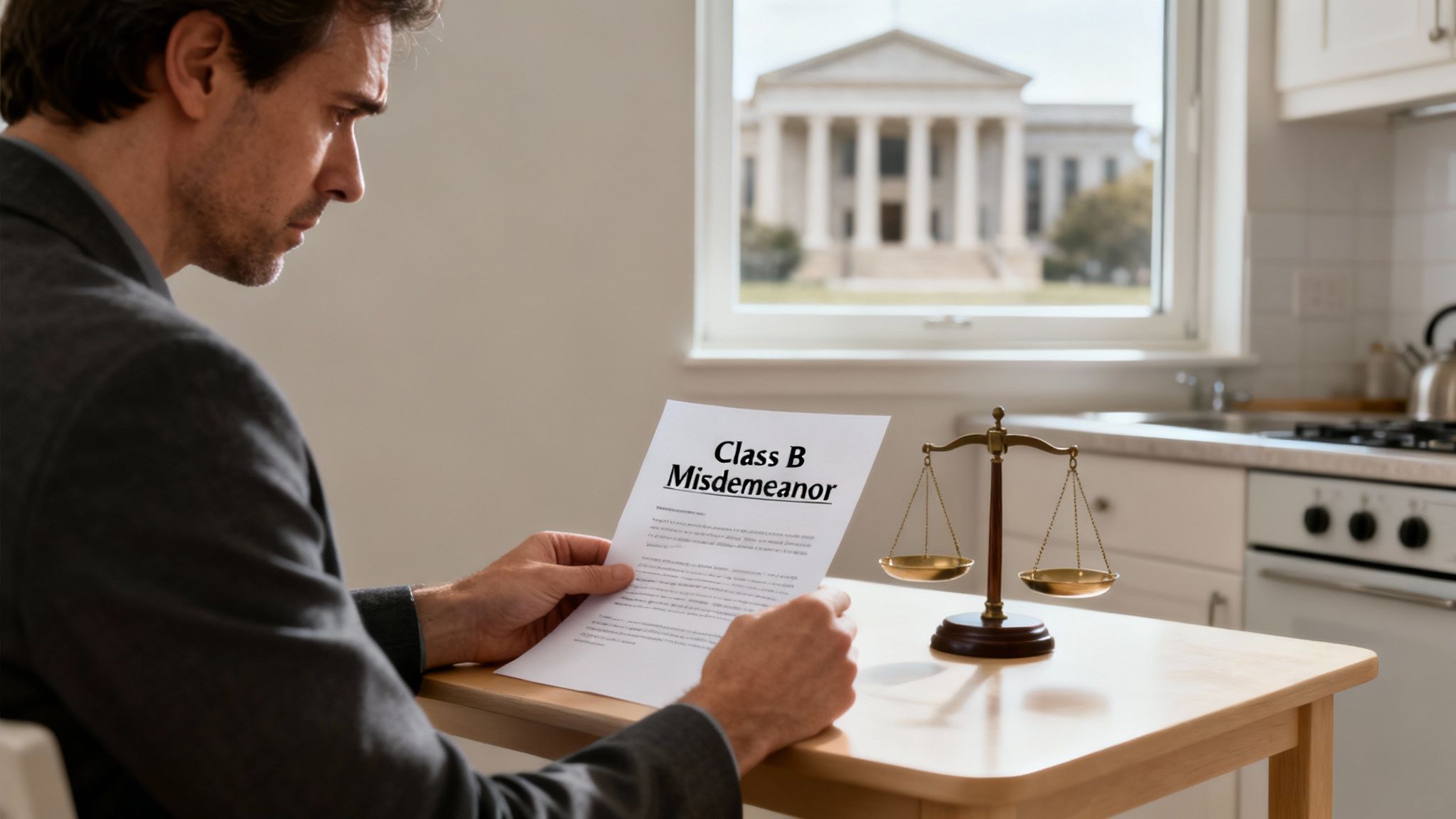 Man reading a document titled "Class B Misdemeanor" with a scale of justice on a table, looking out a window towards a courthouse in Texas.