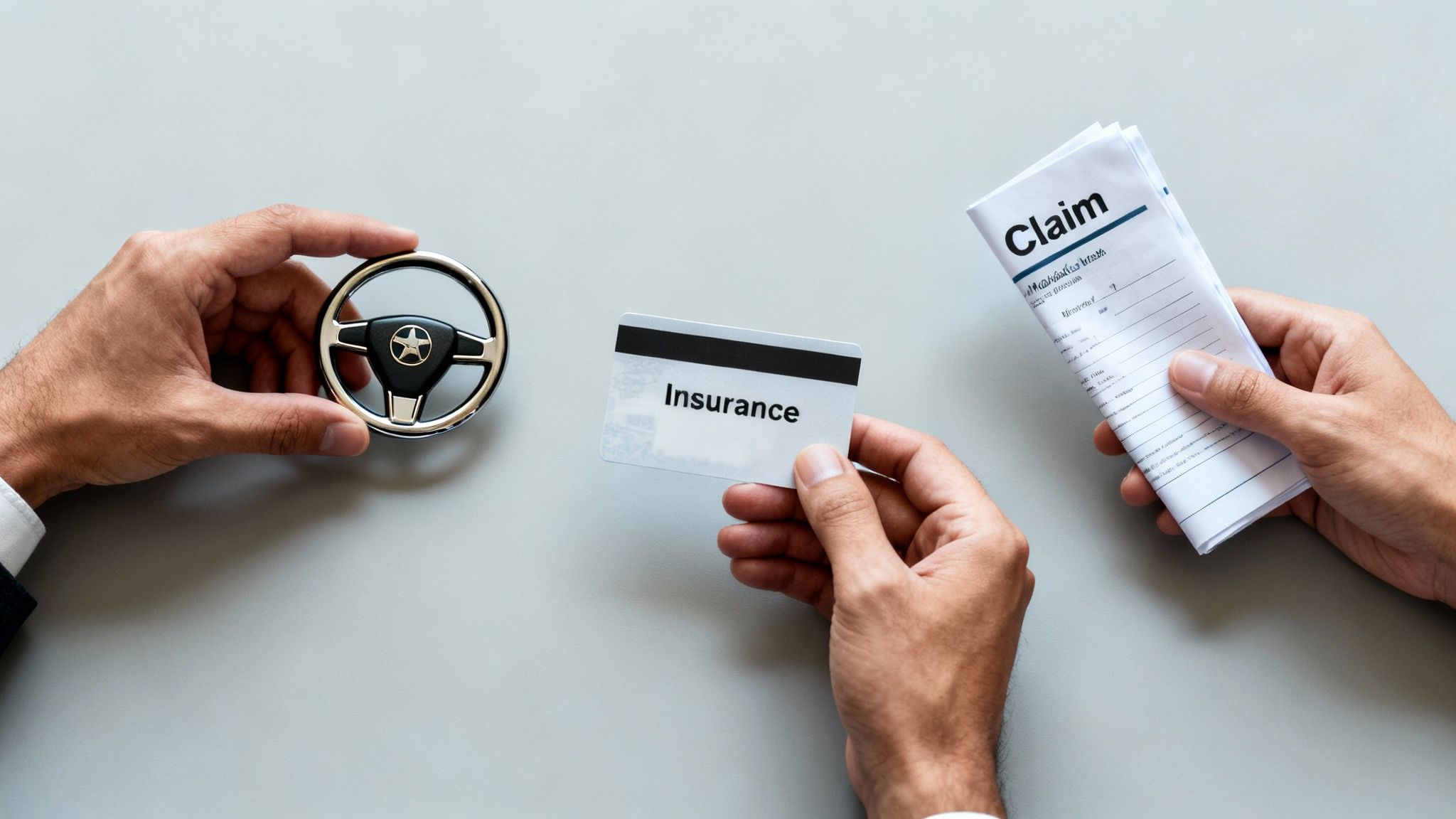 Hands holding a miniature steering wheel, an insurance card, and a claim form on a grey table.