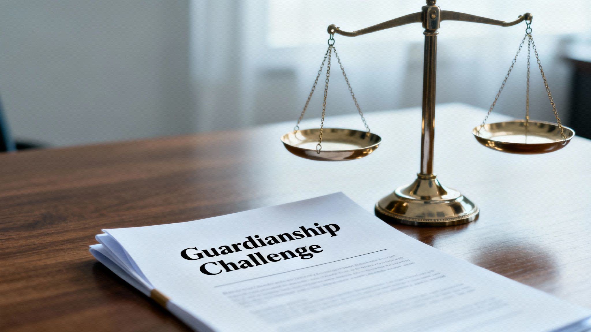 A legal document titled 'Guardianship Challenge' on a desk next to a golden scale of justice.