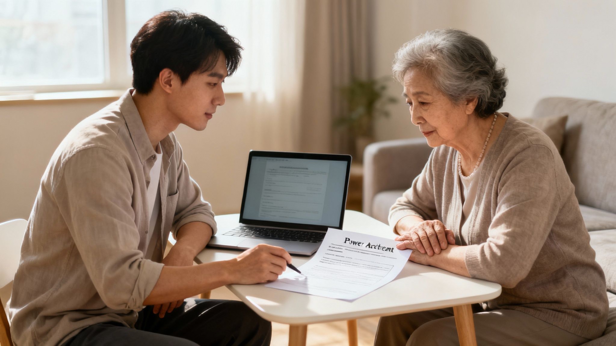 A young man explains a 'Power of Attorney' document to an attentive elderly woman at home.
