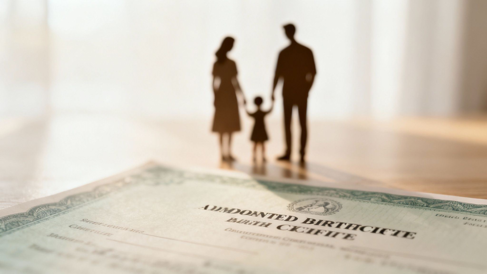 Birth certificate document in foreground with silhouette of family of three standing behind