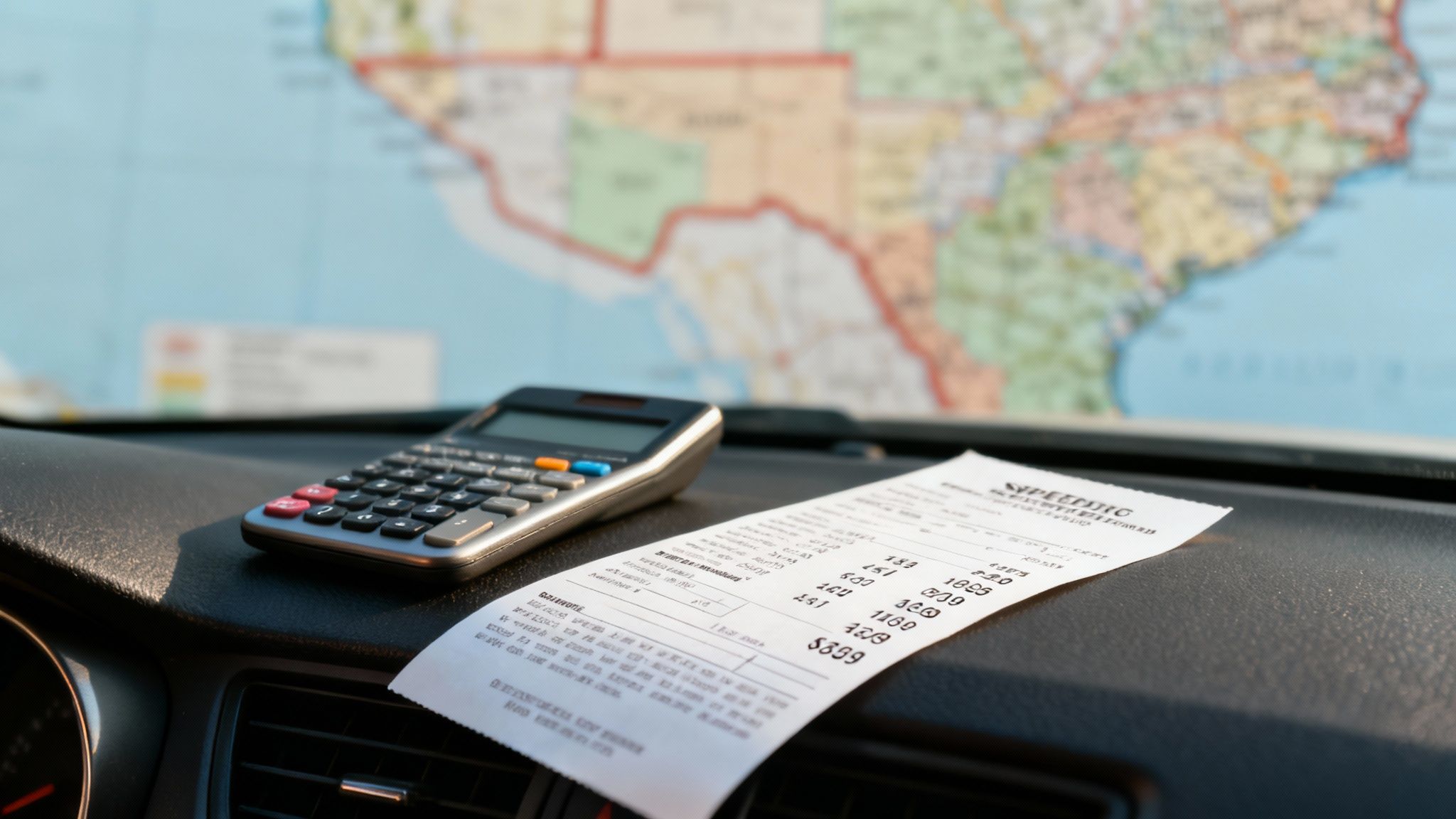 Calculadora y multa de velocidad en el salpicadero de un coche con un mapa de fondo.