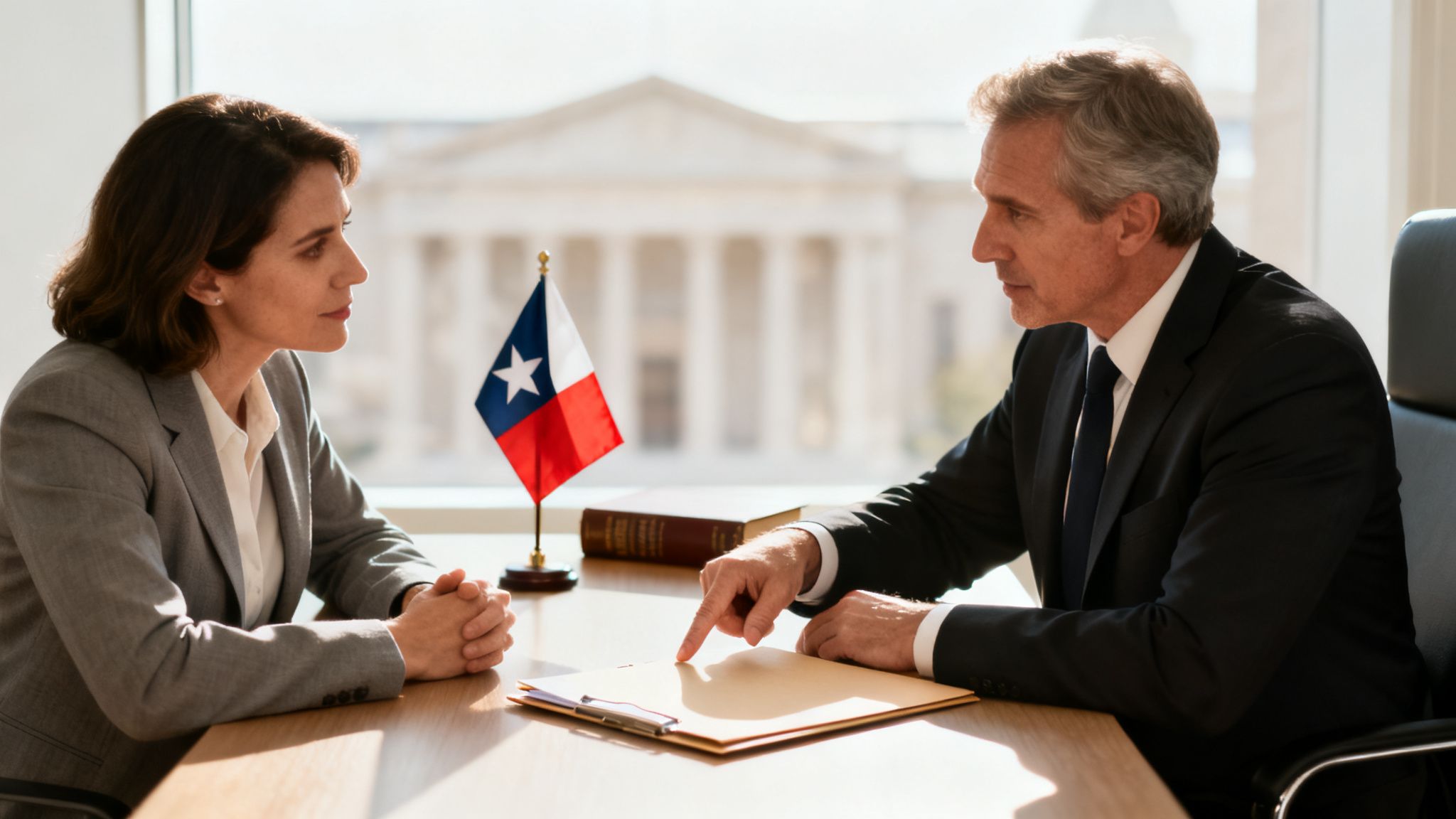 Two professionals, a man and a woman, discuss documents at a desk with a Chilean flag.
